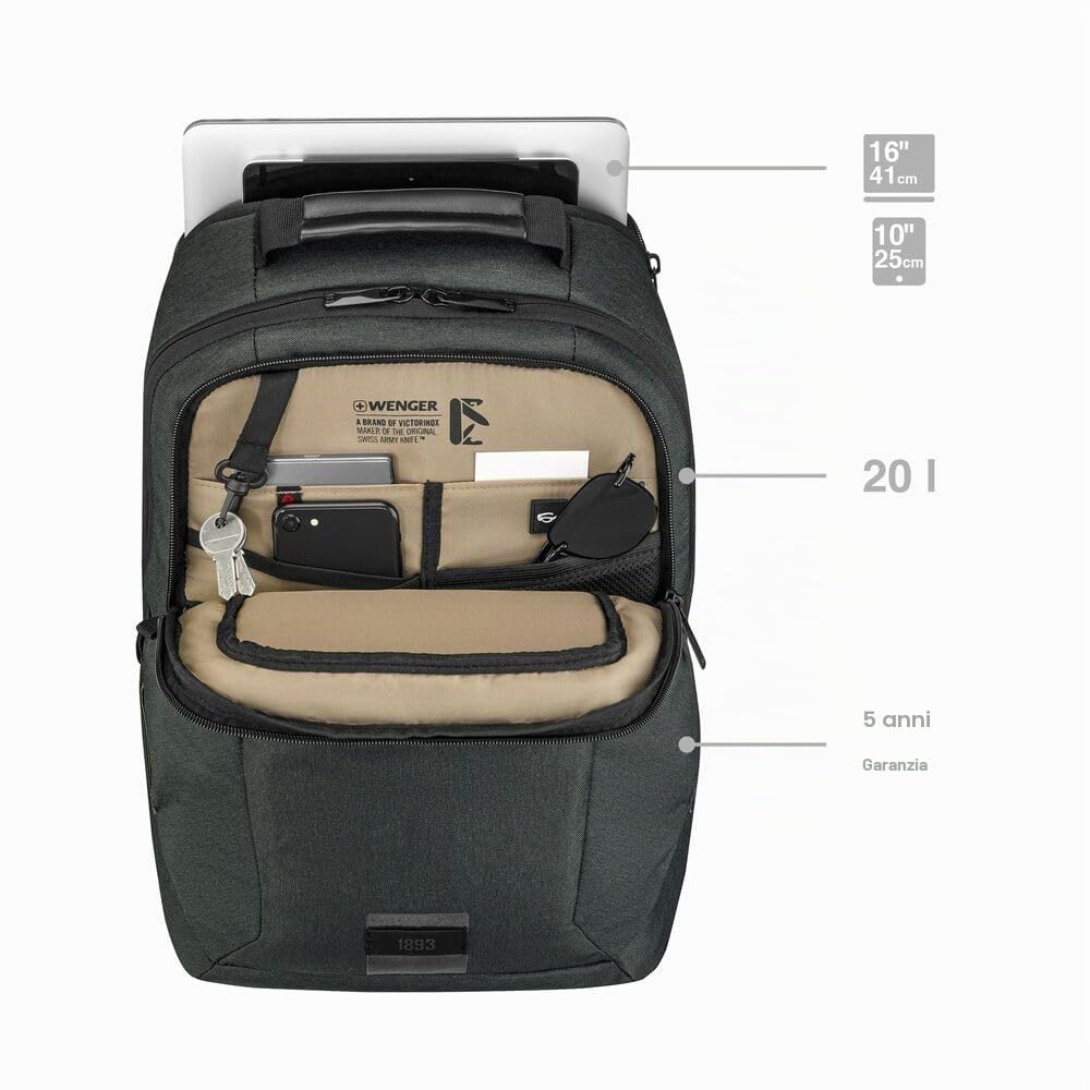 WENGER Zaino Porta PC MX ECO Professional con Tasca per Tablet, Notebook 16”, Tablet 10”, Organizer, 20 l, Uomo Donna, Ufficio Viaggi di Lavoro Università, Nero, Sostenibile, 612261