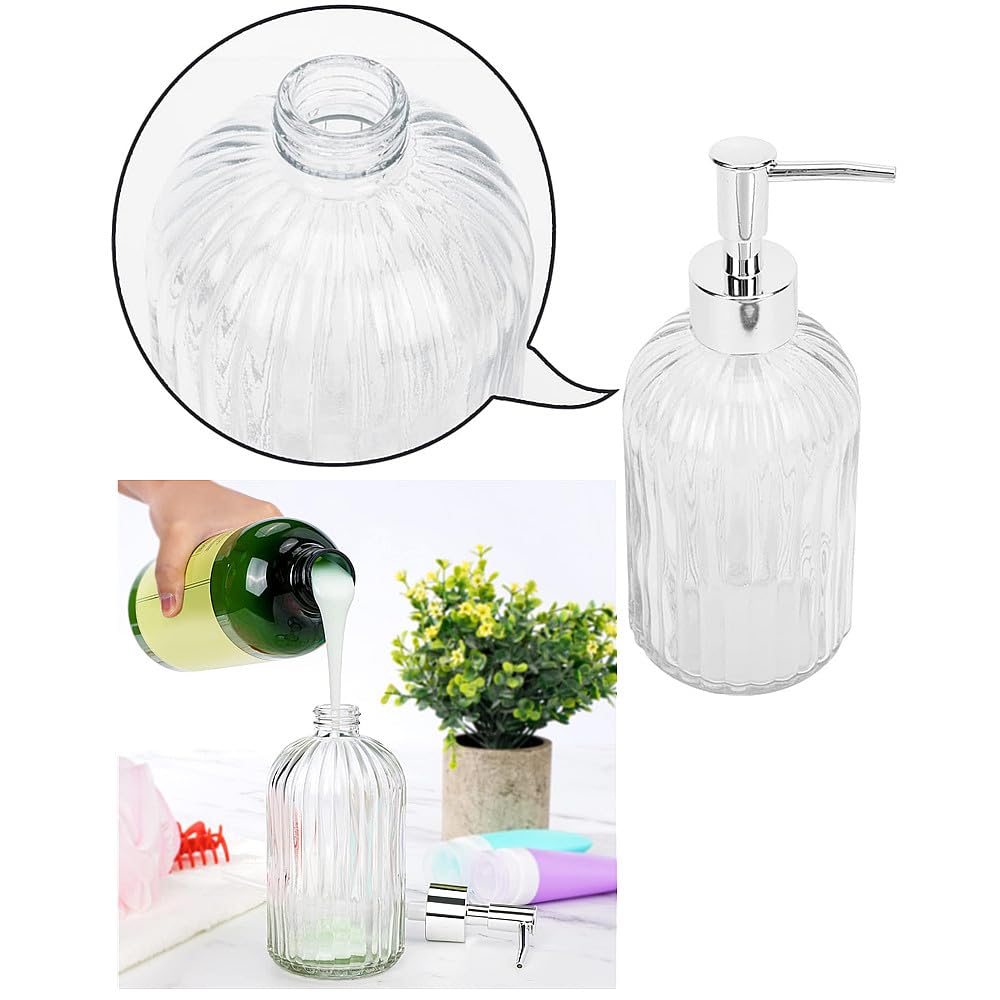 TRIXES Ribbed Glass Soap Dispenser Bottles, 2-Pack, Chrome Finish, 400ml with Silicone Funnel, Silver, 18.9cm - Image 3
