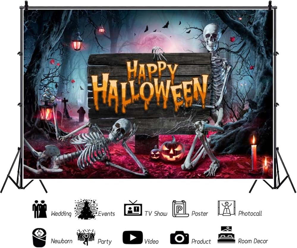 Renaiss 7x5ft Happy Halloween Backdrop for Photography Scary Skull Halloween Banner Bloody Moon Dark Forest Horror Halloween Background Creepy Trunk or Treat Party Decors Photo Booth Props Wallpaper