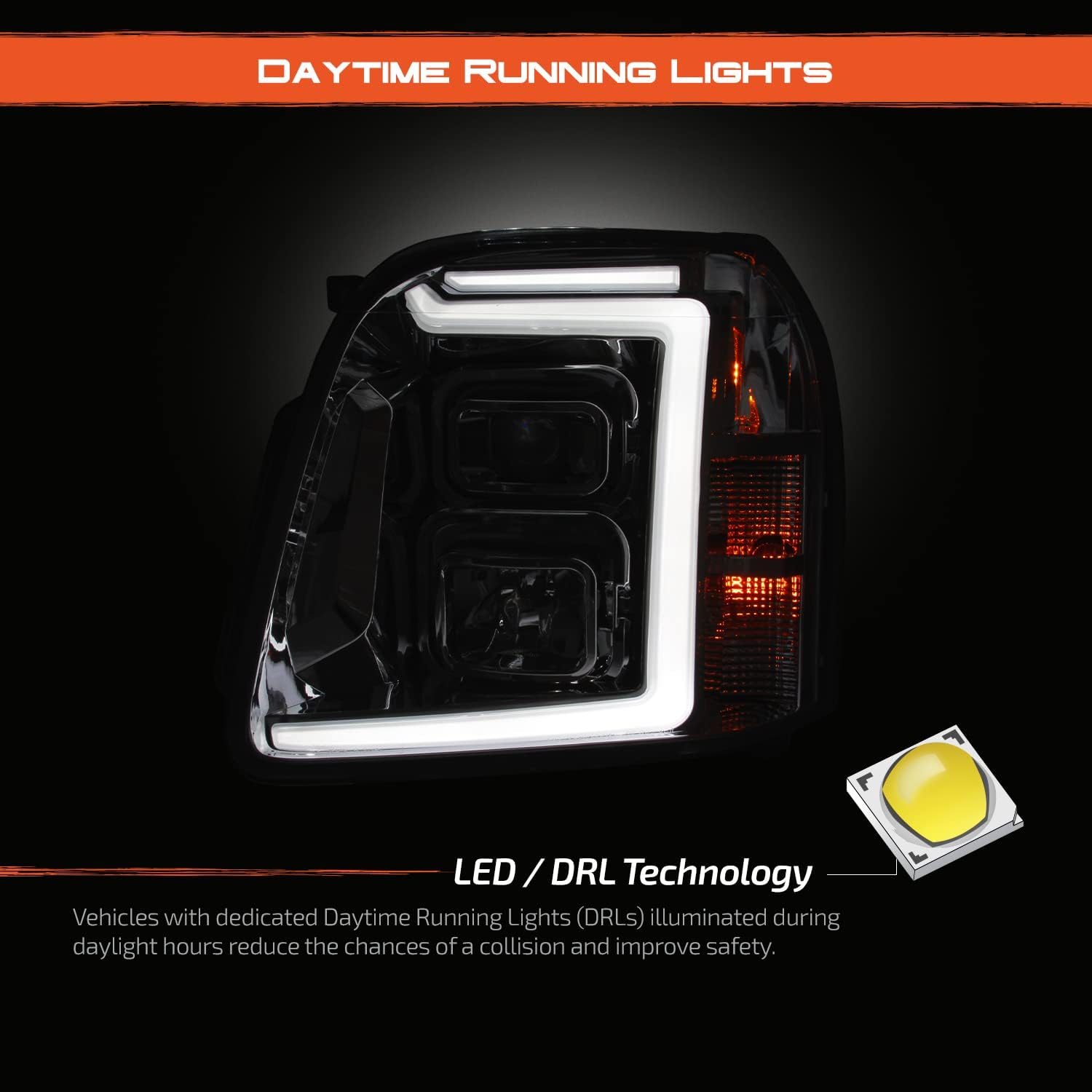 AKKON - Fits 2007-2014 GMC Yukon XL 1500 2500 SUV [LED C-Tube DRL] Projector Chrome Headlights Pair Driver + Passenger