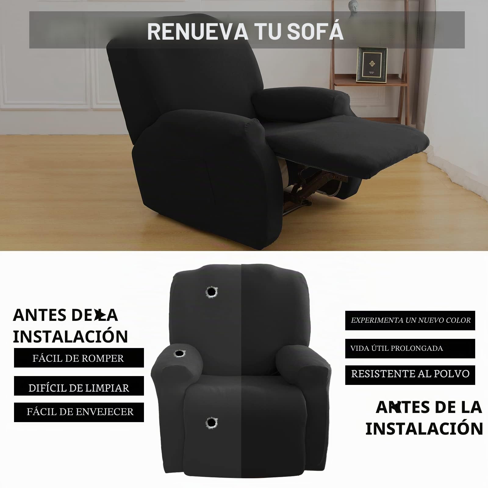 Lydevo Funda Expandible para Silla Reclinable - Protección Antideslizante Lavable con Bolsillos Laterales - Juego de 4, Negro