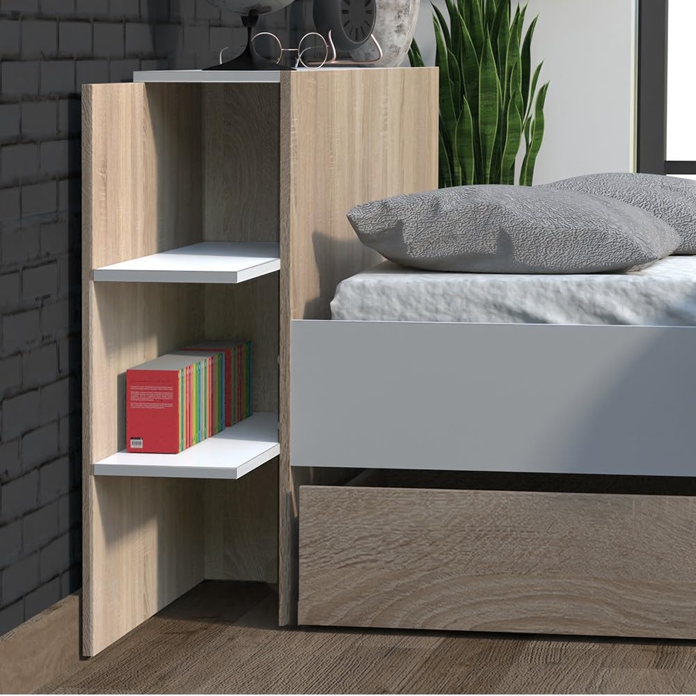 WEBER INDUSTRIES Lit City 140x190 + tête de lit Chevet + 1 tiroir/Décor Blanc & chêne Blanchi
