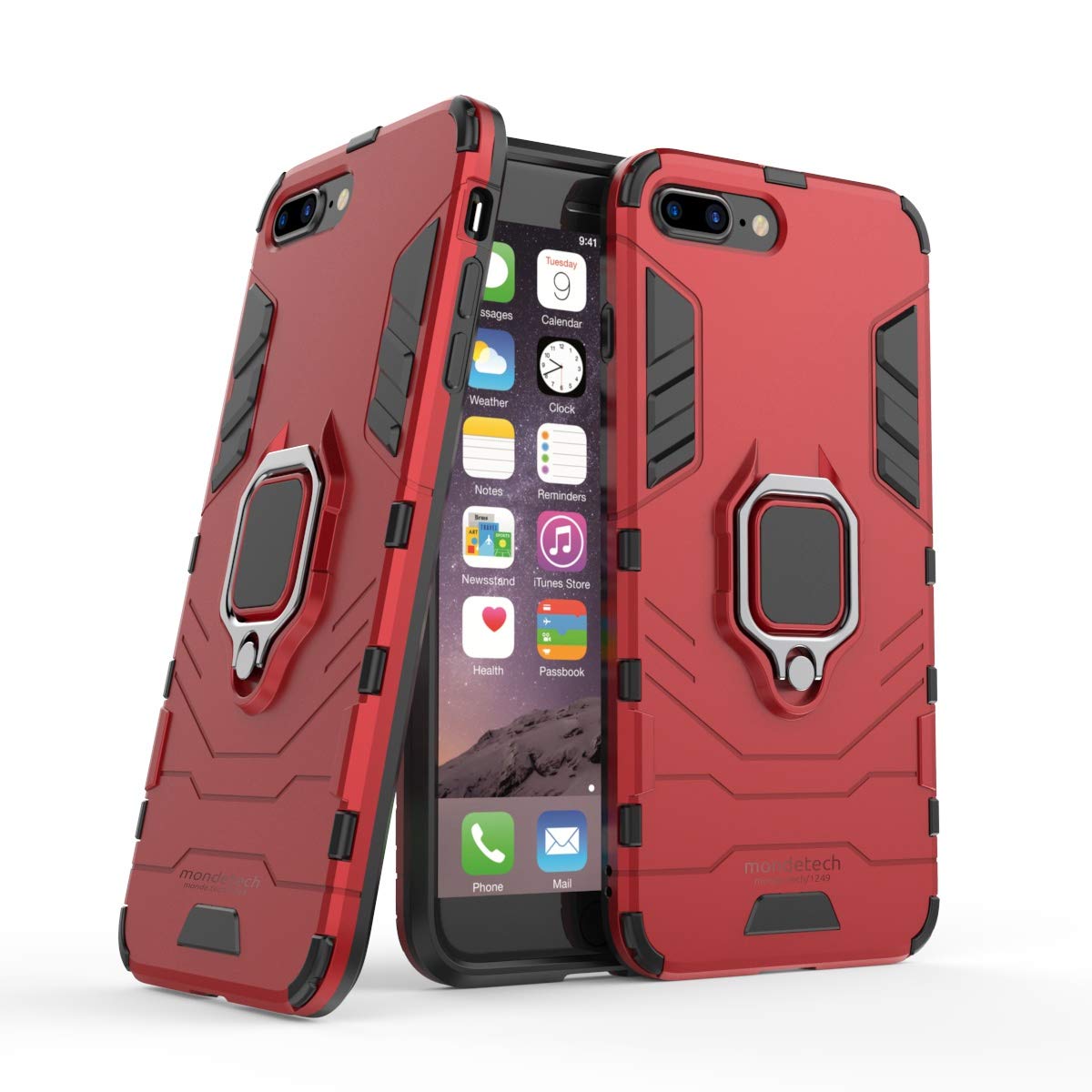 Case for Apple iPhone 8 Plus and Apple iPhone 7 Plus, Slim Drop Protection with Ring Stand, Magnetic Holder Compatible, Outdoor Shockproof Heavy Duty Cover, Red