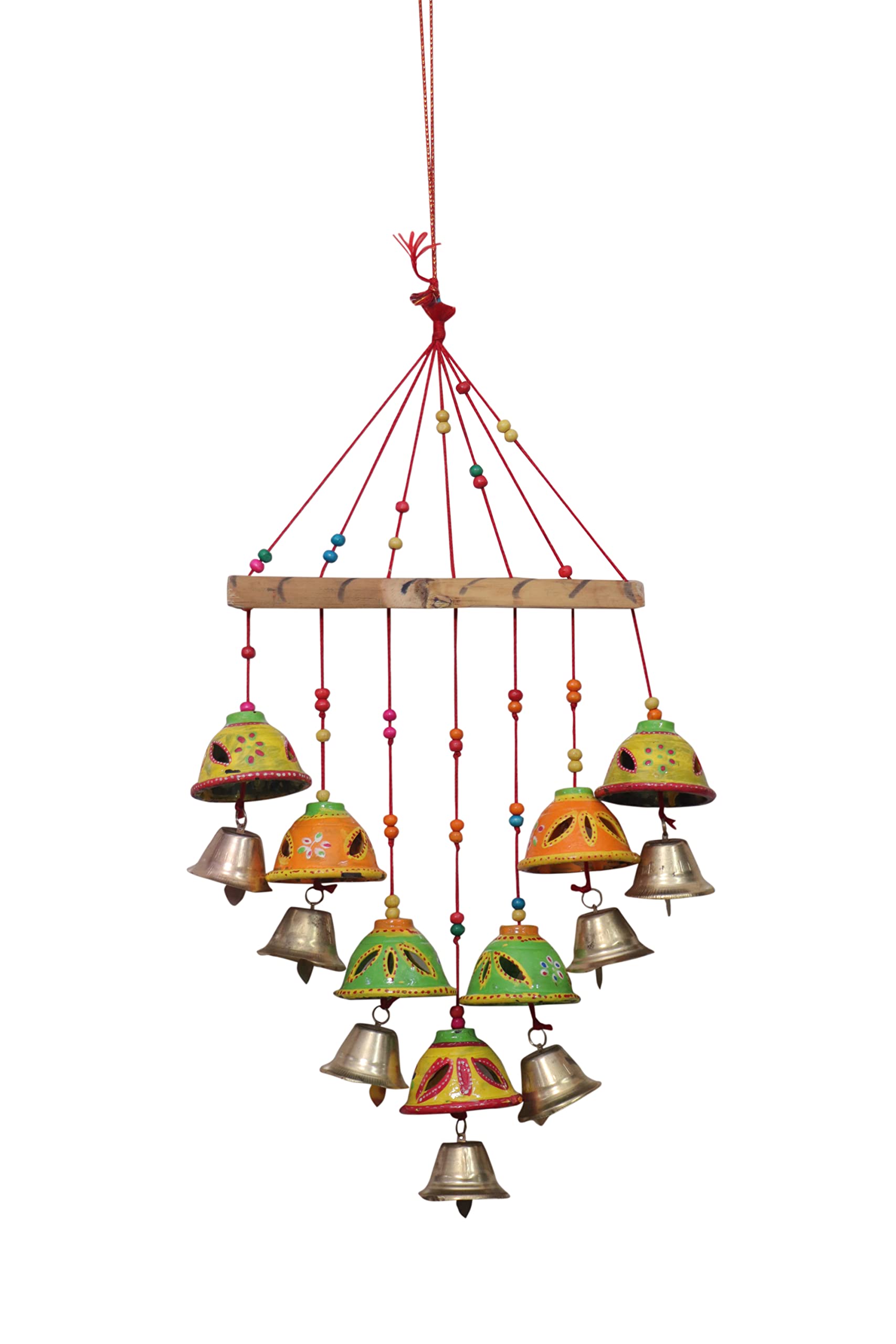 Superv Gold Rajasthani Wood Wind Chime with Bells Design Wall Hanging Decorative Showpiece Wood Windchime (24 inch, Multicolor)