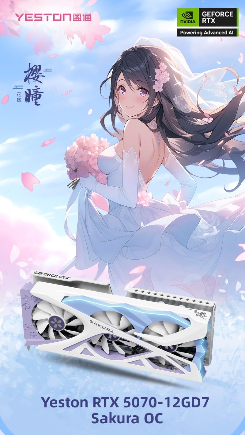 Yeston Sakura GeForce RTX 5070 12G GDDR7 192Bit OC Gaming Graphics Card（PCI-Express 5.0 x16，HDMI （2.1b*1） + DP （2.1b*3），OpenGL 4.6）