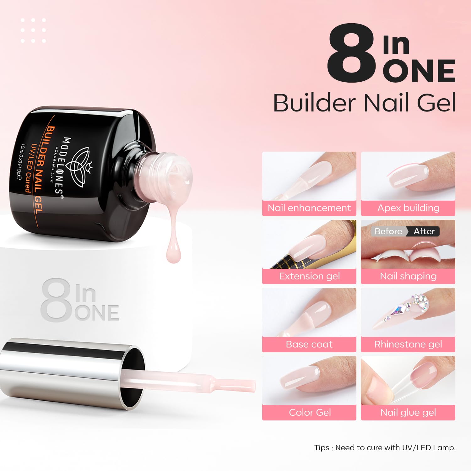 MODELONES 8 in One Builder gel dla paznokci żelowych – wzmacniacz i do wzmocnienia przedłużania – naprawa, lakier bazowy do manicure, kolor różowy, 2 sztuki