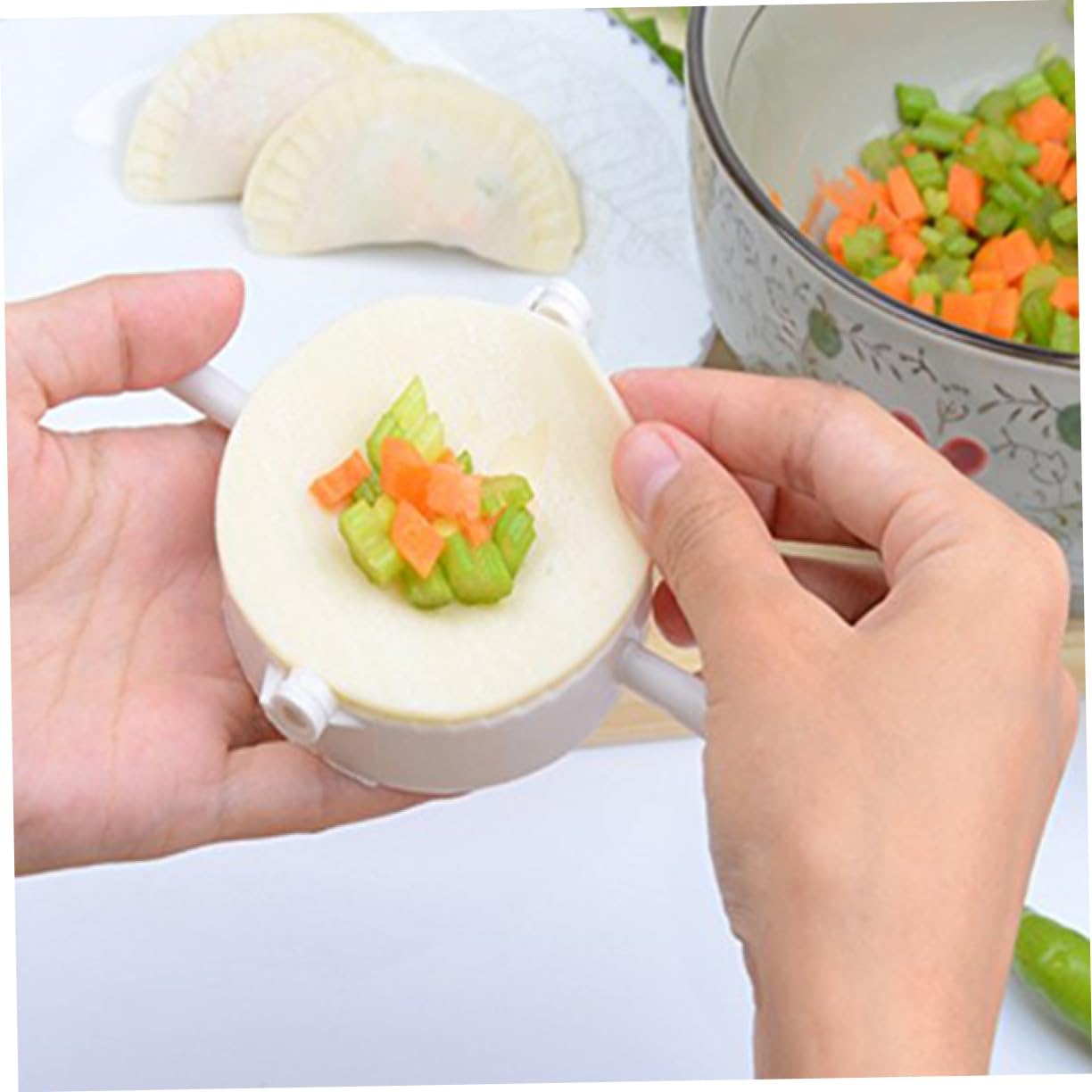 3 Piece White Plastic Dumpling Mold Set with Hinged round Press