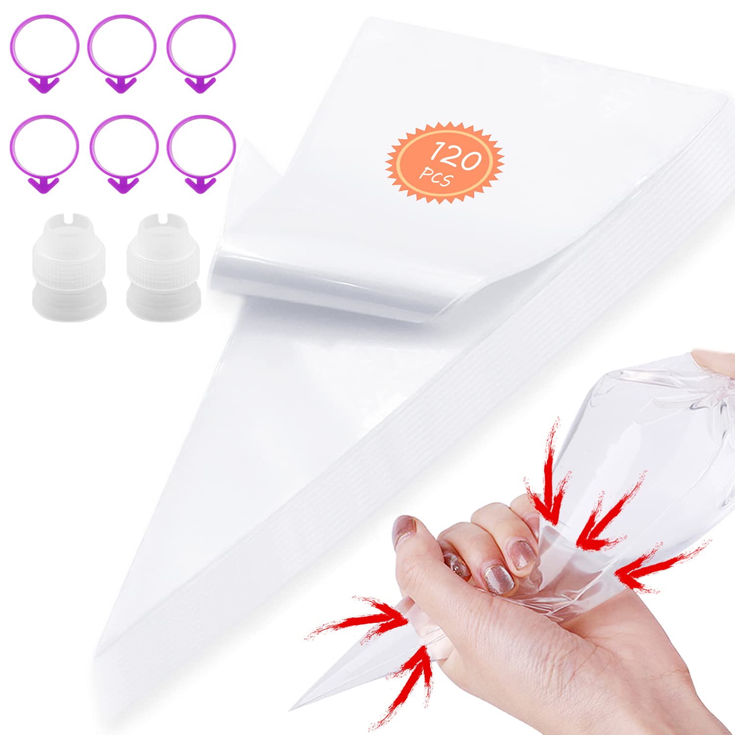 120 Pcs Disposable Piping Bags - 12 Inch Thickened Icing Piping Bags for Cream Icing Frosting Cookie Cake Decorating Supplies, Bonus 2 Couplers+6 Bag Ties