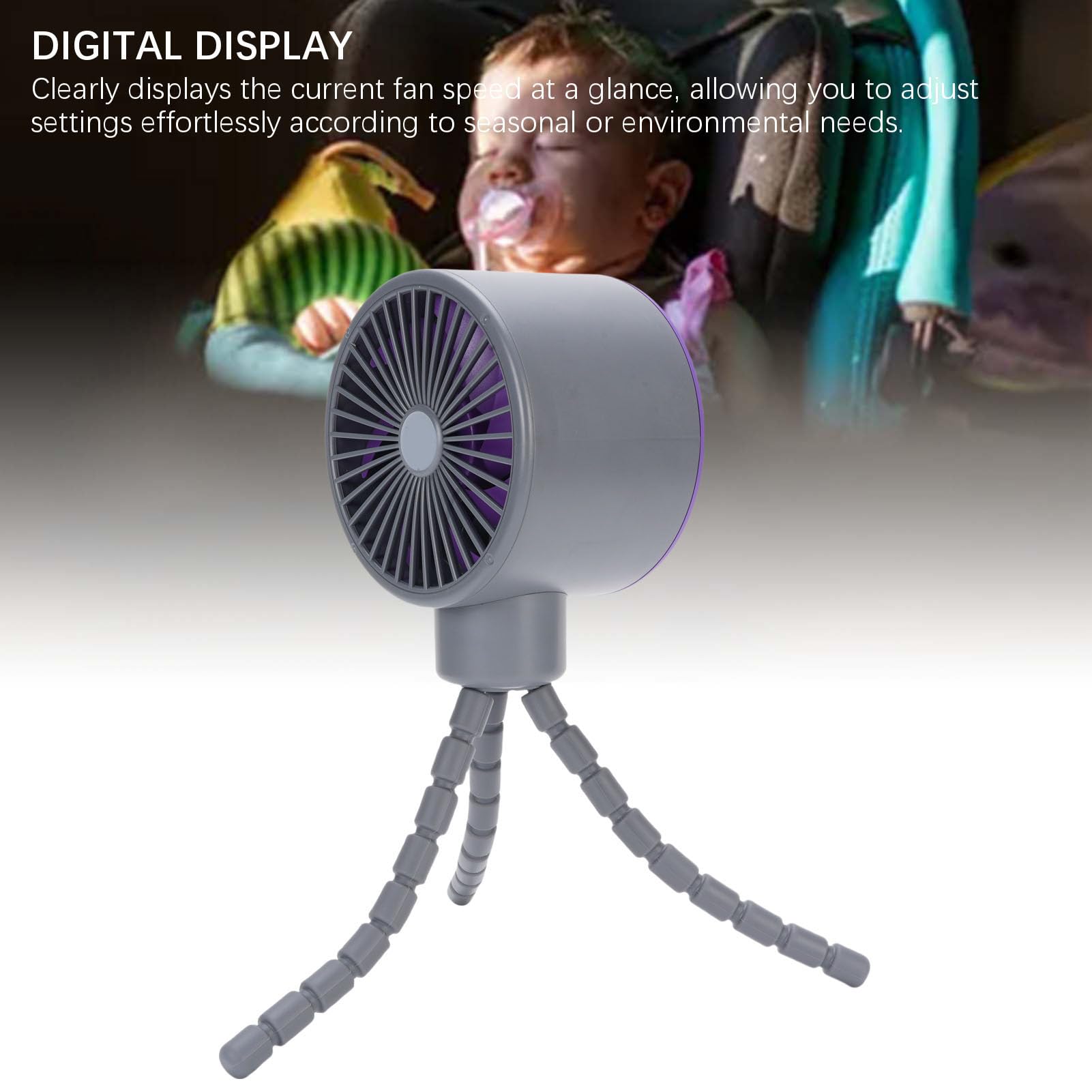 Mini Ventilador para Cochecito USB Recargable con Oscilación de 360 ​​​​grados y Pantalla Digital - Material: Plástico (GREY)