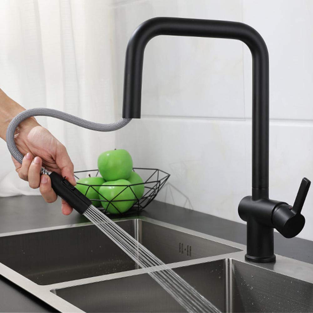 Robinet de cuisine noir 2 modes avec douchette télescopique eau chaud froid