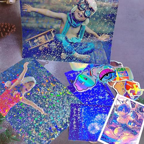 TOJUNE Holographische Selbstklebende Laminierfolien A4 50mic, Wasserdicht Kaltlaminierfolie, Keine Maschine, Hochwertige Laminierfolie für Bastelarbeiten, Fotos, Speisekarten, 20 Stück (Stern)