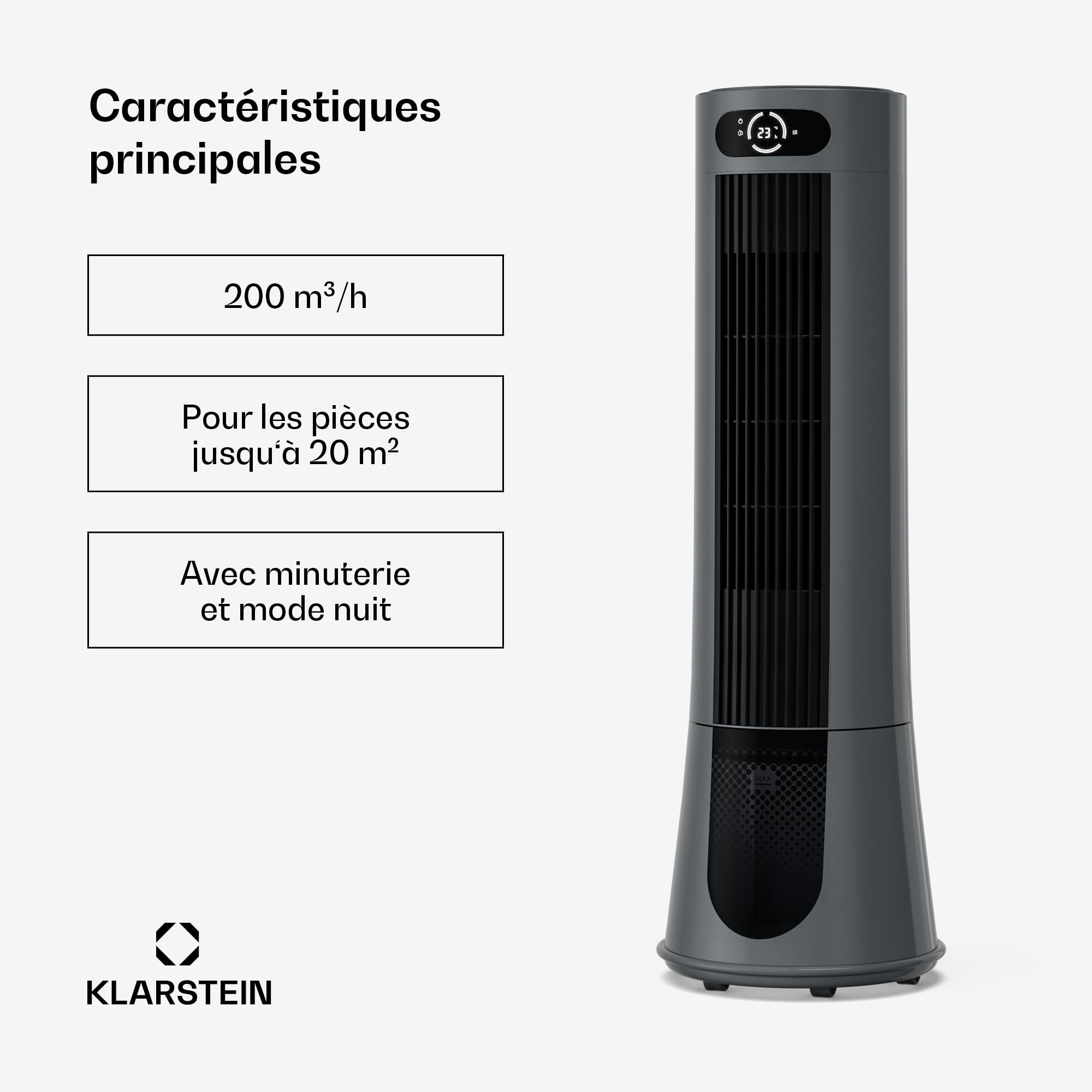 KLARSTEIN Rafraichisseur d’Air, Refroidisseur d’Air Évaporatif, 7L, Télécommande, Minuterie, Mobile, Ventilateur Climatiseur Chambre 20m², Dark Grey