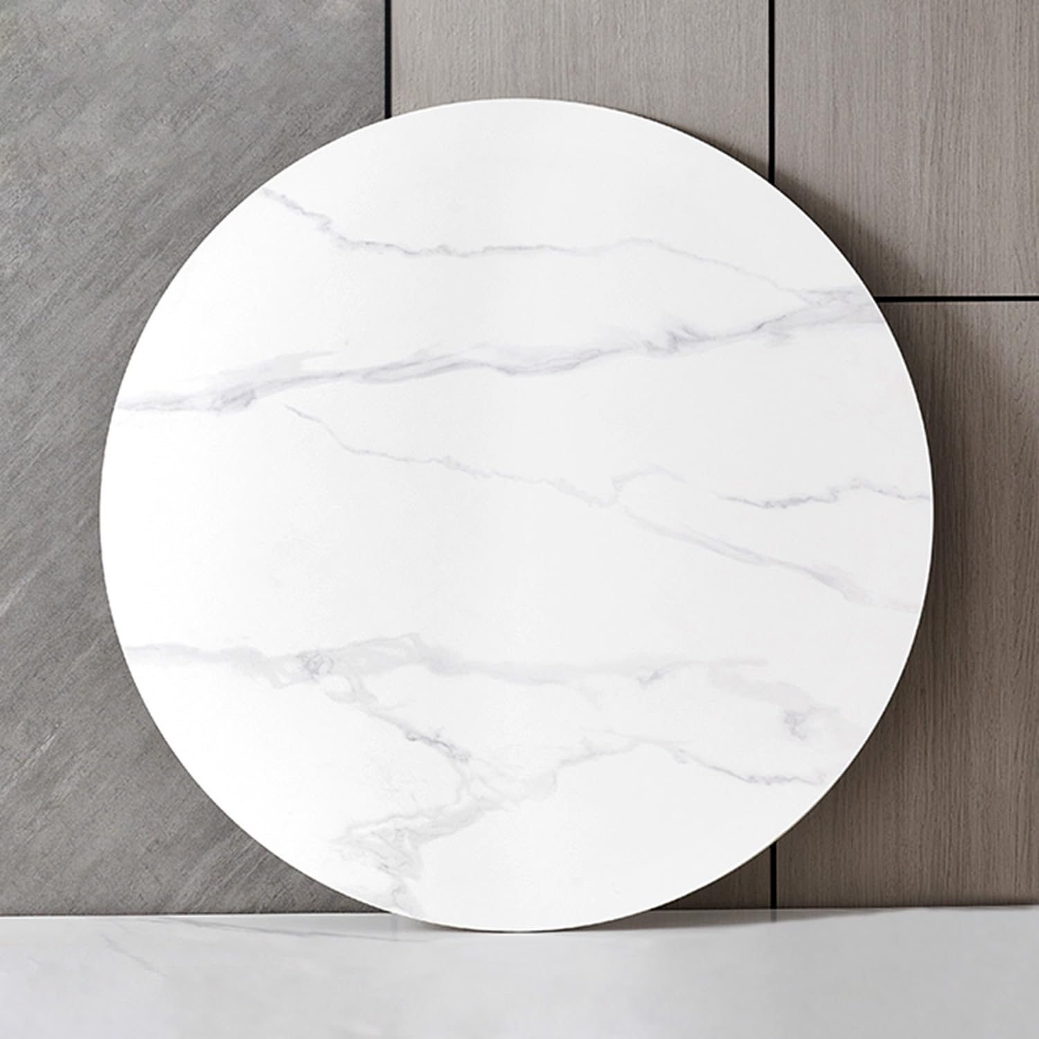 Lazy Susan Drehteller aus Steinplatte, rund, Marmorstruktur, Serviertablett, leicht zu reinigen, für Esstisch, Weiß, 100 cm / 40 cm