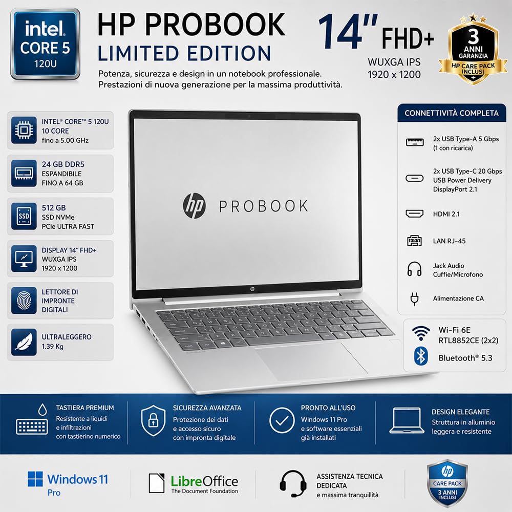 HP Notebook Portatile Intel Core 5 120U 10Core | RAM DDR5 24GB, SSD PCIe 512GB, Display IPS WUXGA 14", Wi-Fi 6, Tastiera QWERTY, Garanzia Italia