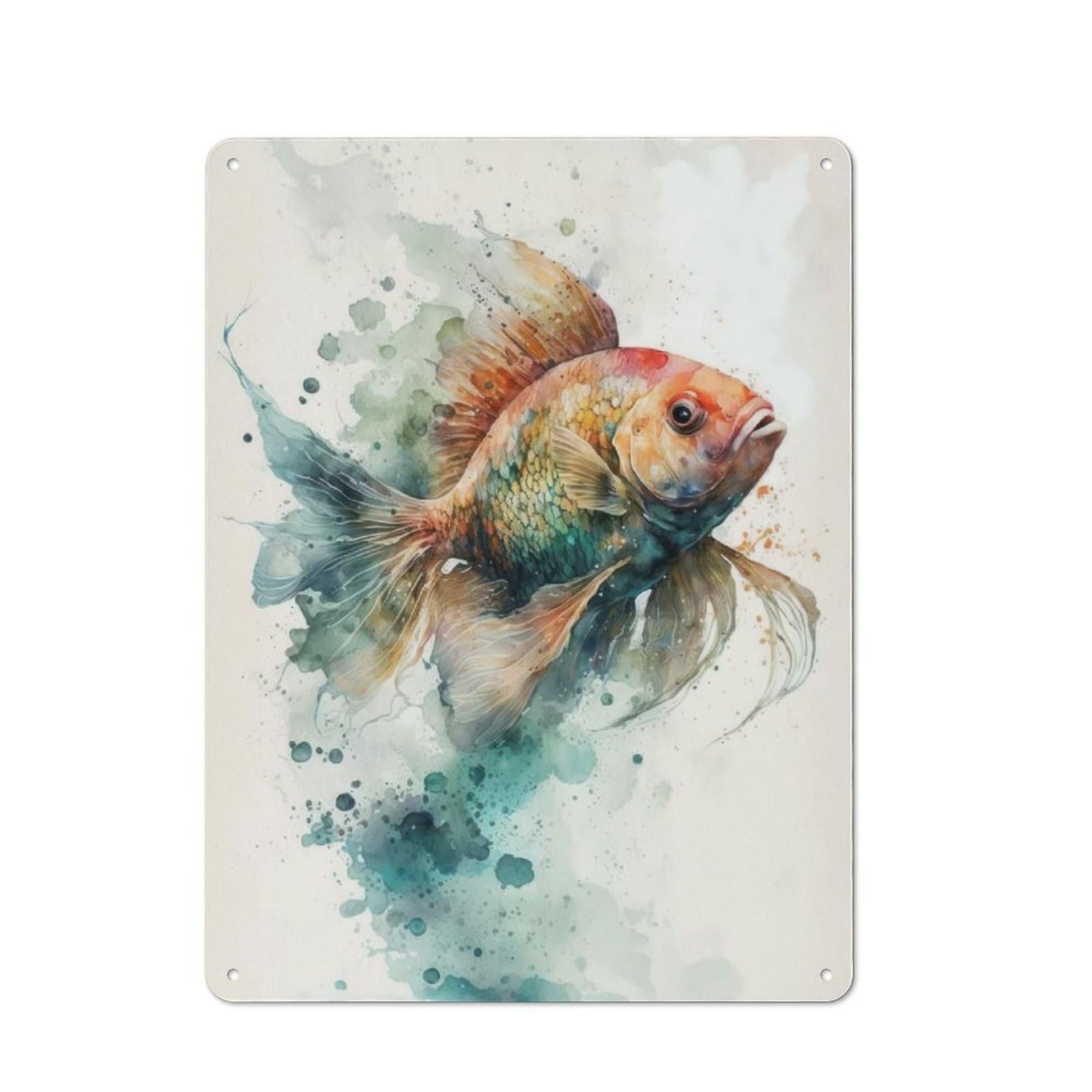 Vintage Tin Sign 40x30cm with Fish Watercolor for Café Or Restaurant, Suited to Wall Displays in Cafés And Restaurants