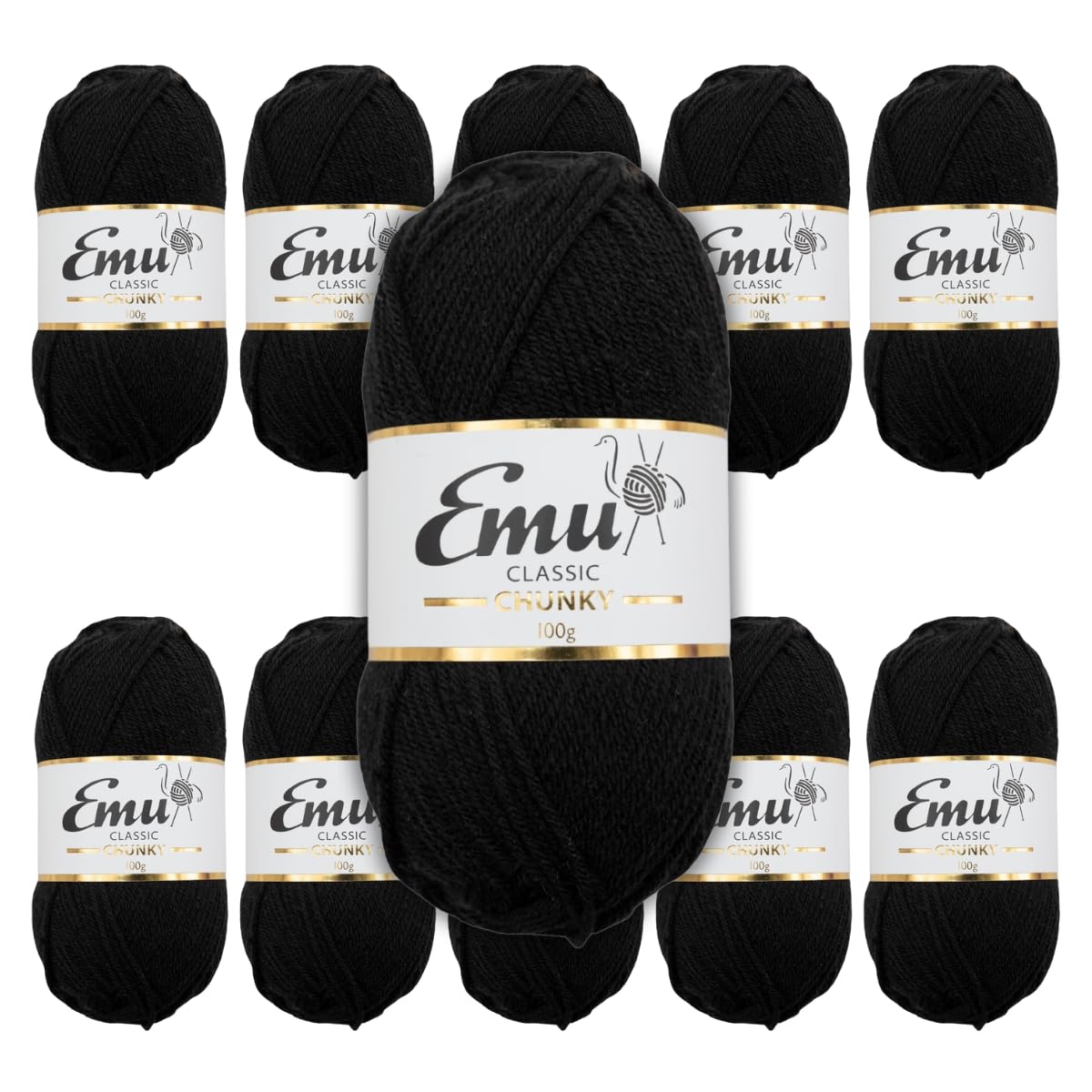 Emu Classic Chunky Acrylic Yarn 100g Balls 164m, Pack of 10, Black - 123