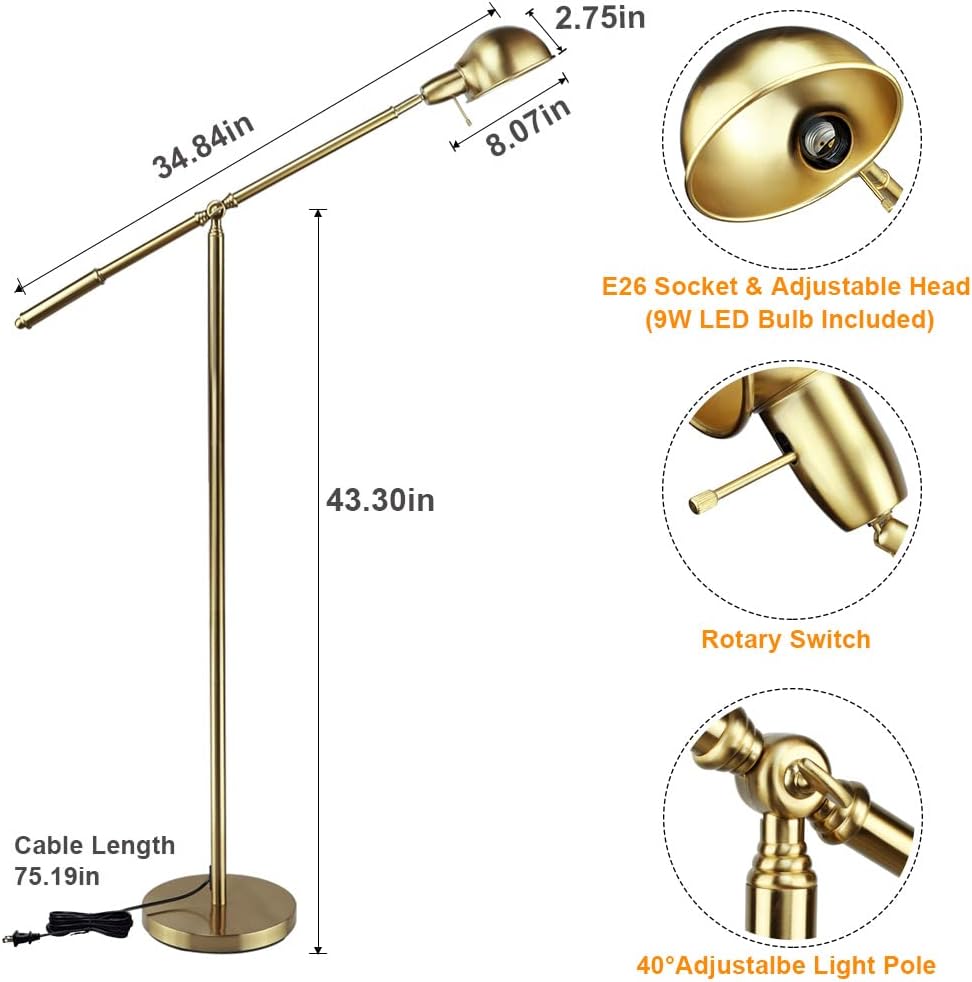 DLLT Metal Floor Lamp, Adjustable Swing Arm Reading Standing Lamp, 9W Modern Pole Light Brass Task Lighting for Living Room Bedroom Office Home Decor, E26 Bulb Included, Gold