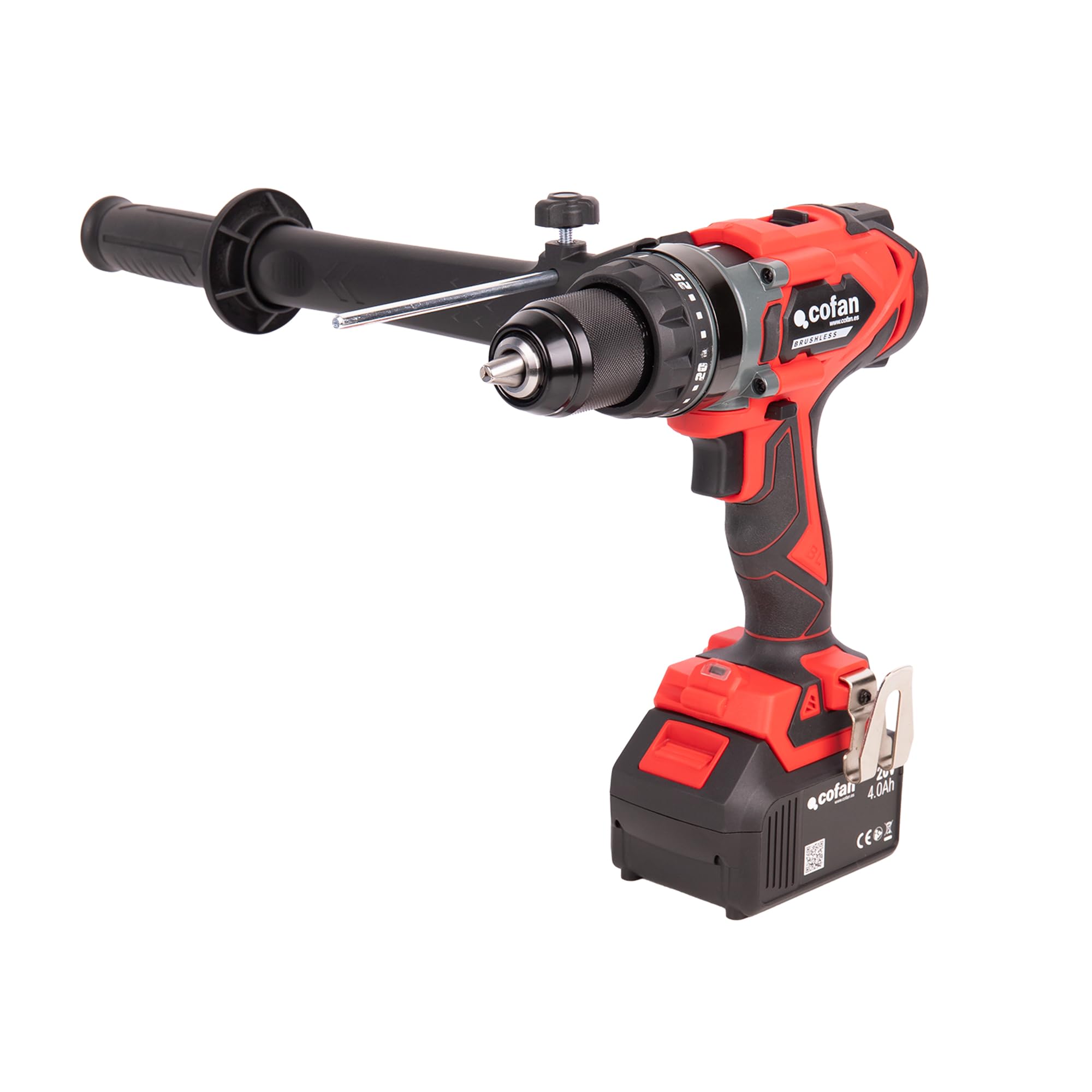 Cofan Taladro percutor a batería | Motor sin escobillas | Potencia: 20 V | Portabrocas 13 mm | 150 Nm, 2000 rpm | 2 velocidades | Percusión 30 000 BPM | Incluye accesorios | Batería y cargador NO INCL