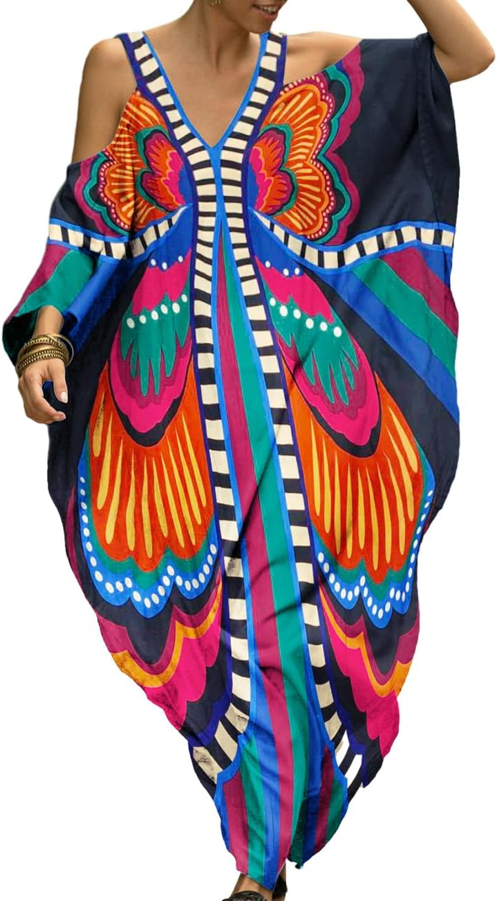 Bsubseach Turkish Cold Shoulder Kaftan Dresses Swimsuit Cover Up Maxi Dress