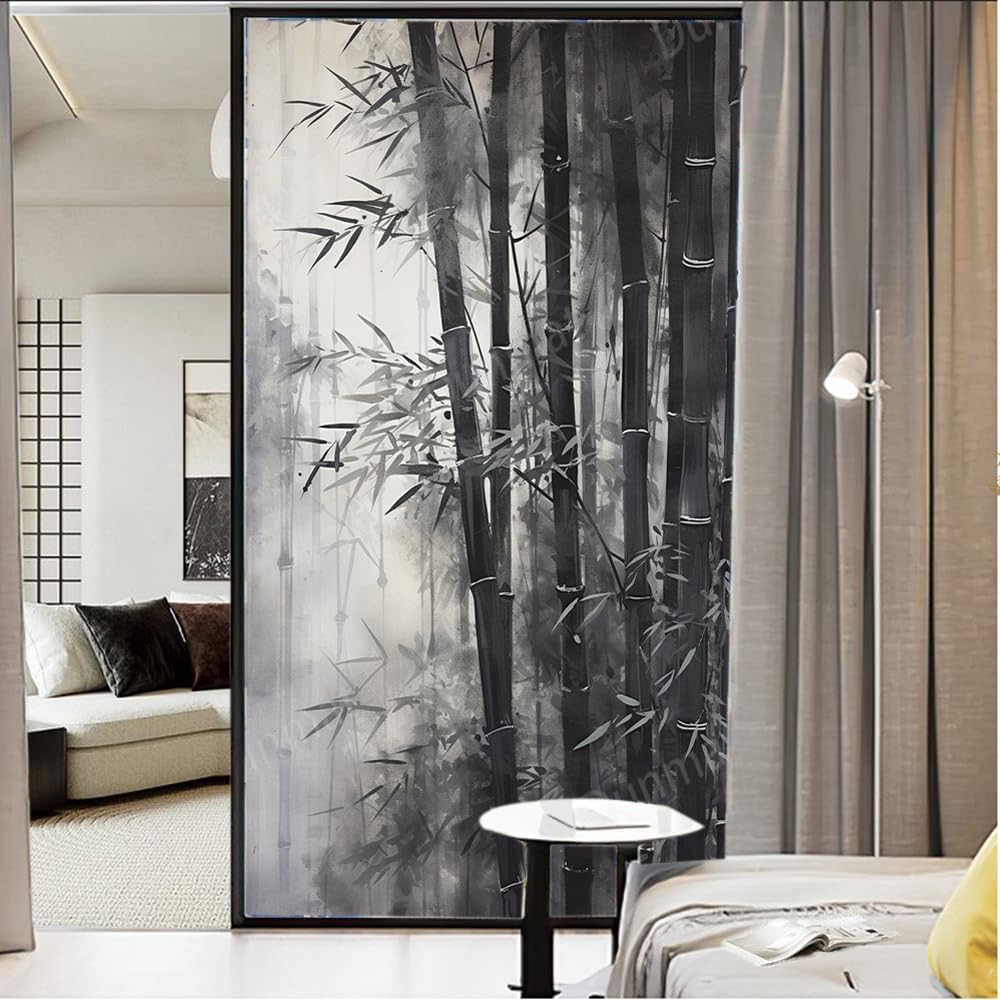 Aquarell Bambus-Sichtschutz-Fensterfolie, Vintage, botanische Malerei, statische Haftung, Fensterfolie, Zuhause, Fenster, Glas, dekorative Türabdeckung, Sonnenschutz, 90 x 160 cm