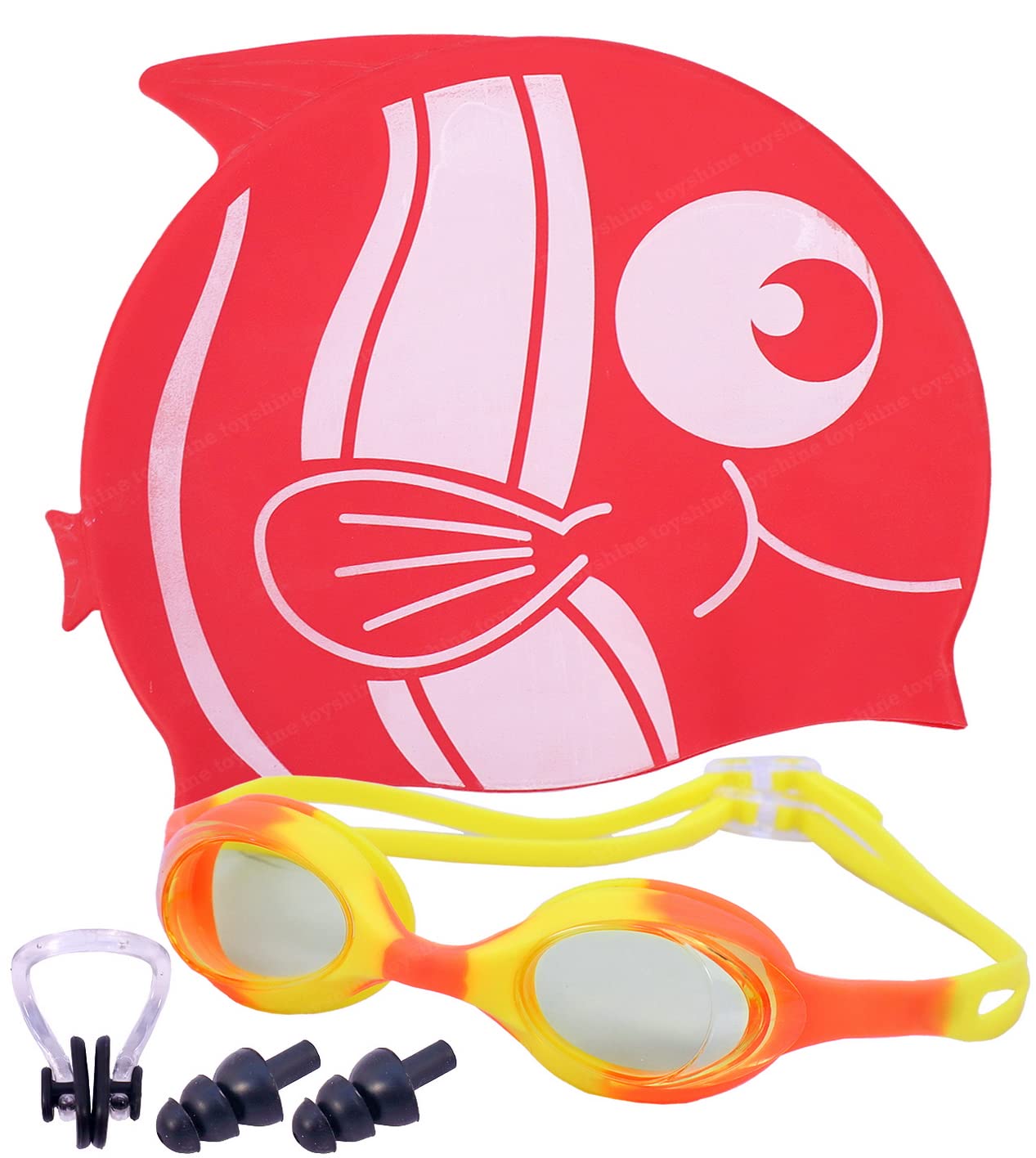Toyshine Kids Swim Goggles and Fish Design Swim Hat for Child Boys Girls Age 3-12- with ear and nose plug (Red -Multi) (B0C5RMN19Y) Amazon Price History, Amazon Price Tracker