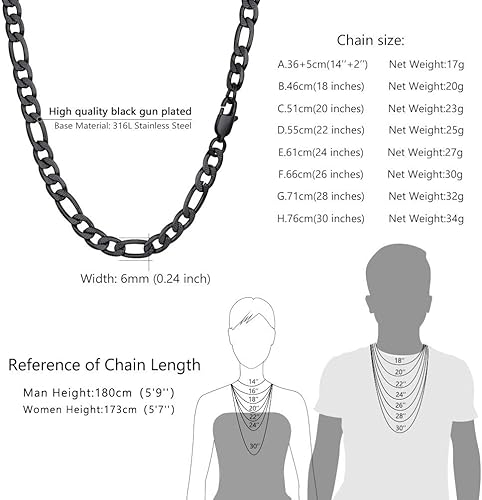 Miniatura 5 de PROSTEEL 316L Stainless Steel Figaro Chain Necklace for MenWomen, Black18K Real Gold Plated, 4mm to 13mm, 14inch to 30inch, Come Gift Box