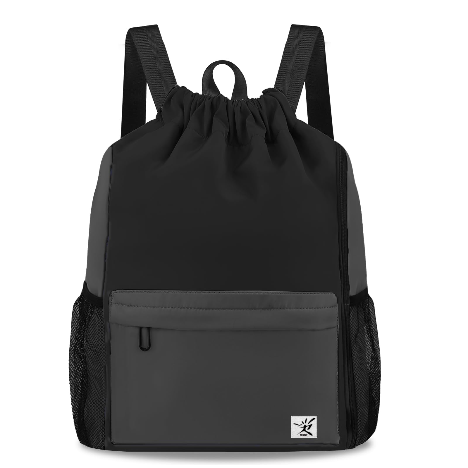 Risefit Drawstring Backpack with Mesh Pockets String Gym Bag Sackpack Sandproof Water Resistant Beach Backpack for Men Women