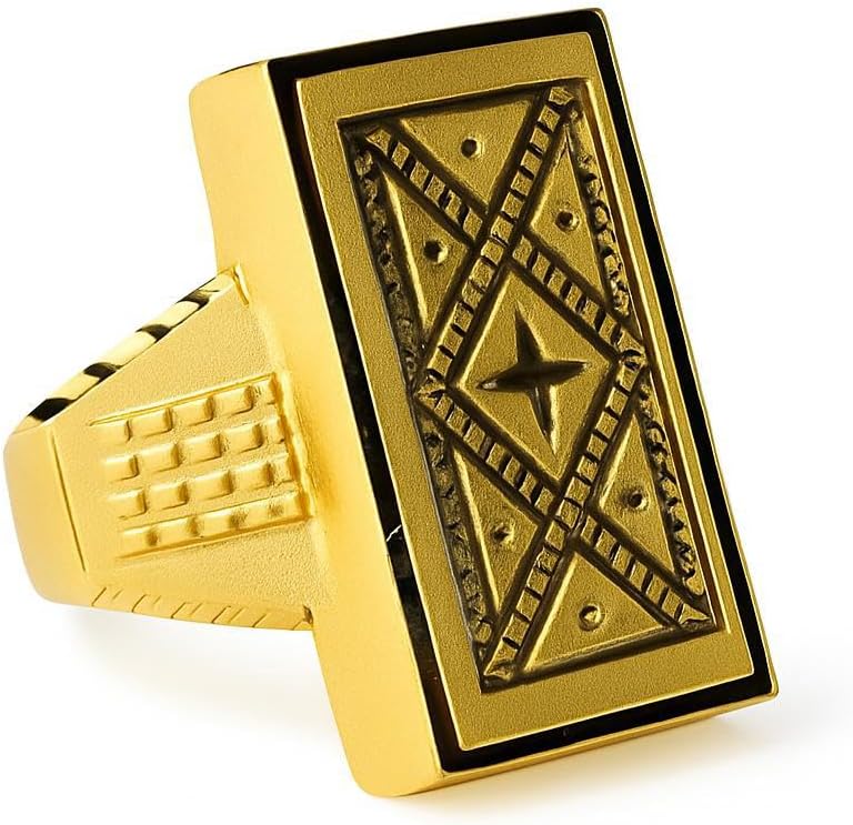 Men's Gold-Plated Rectangular Signet Ring Bold Geometric Engraved Design, Traditional Indian Style Statement Jewelry
