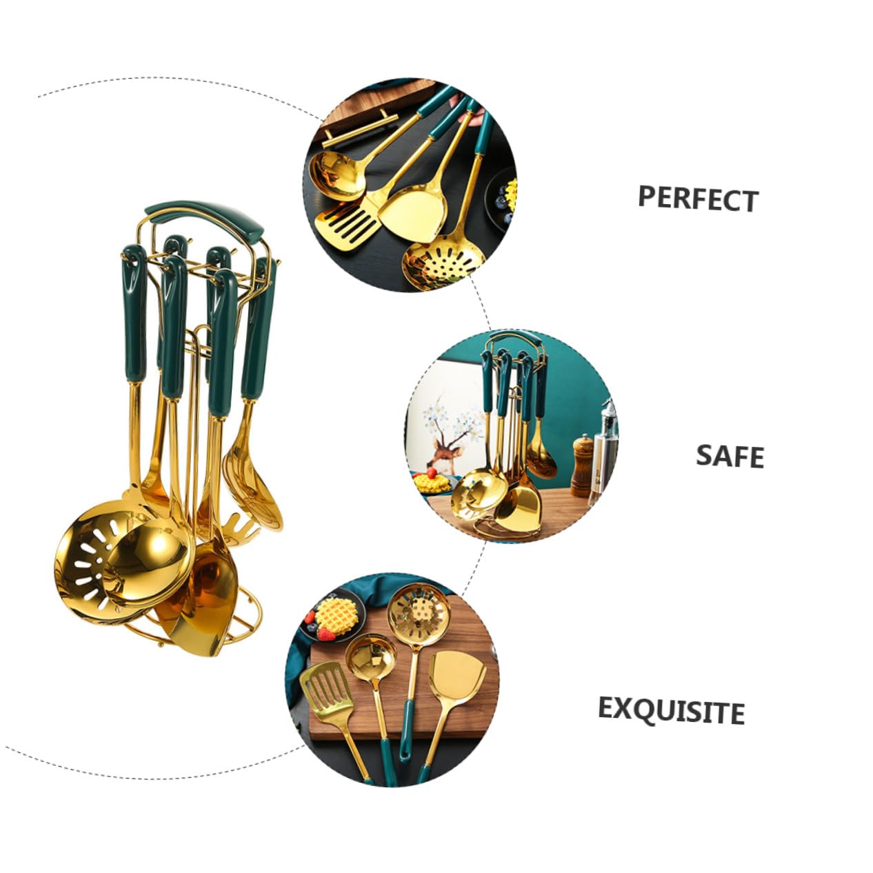 Gadpiparty Set Utensili Da Cucina 7 Pezzi in Acciaio Inossidabile Manico in Ceramica, Resistenti Al Calore e Design a Gancio, Per Uso Quotidiano, Leggeri e Salvaspazio