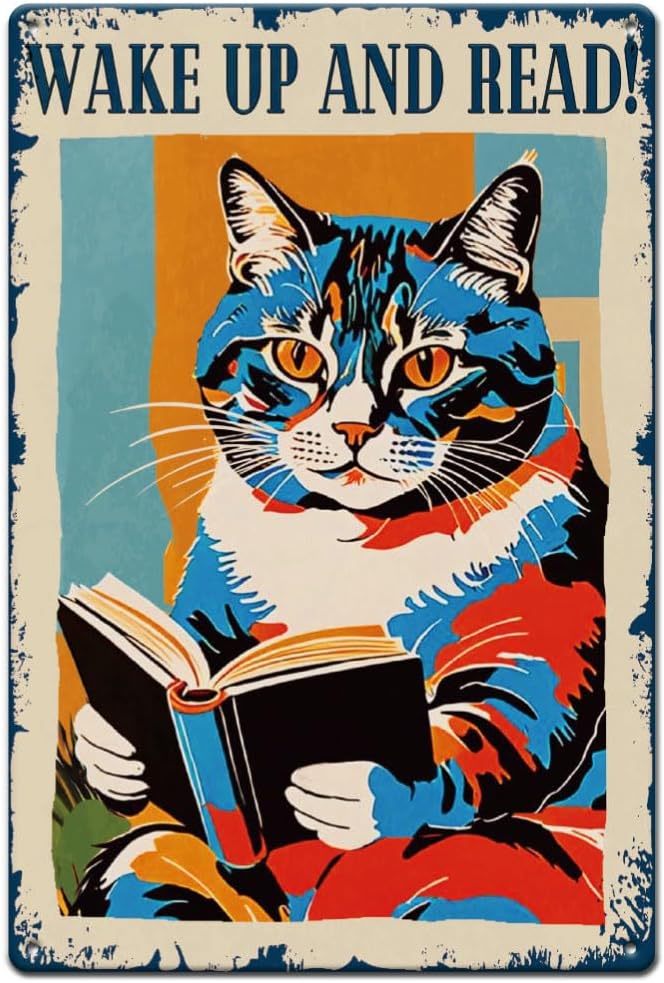 SUPERDANT Reading Cat Tin Signs Wake Up and Read Metal Sign Poster Funny Cat Animal Vintage Wall Art Plaque Living Room Bedroom Home Reading Room Decor for Man Cave Garage Bar Decoration