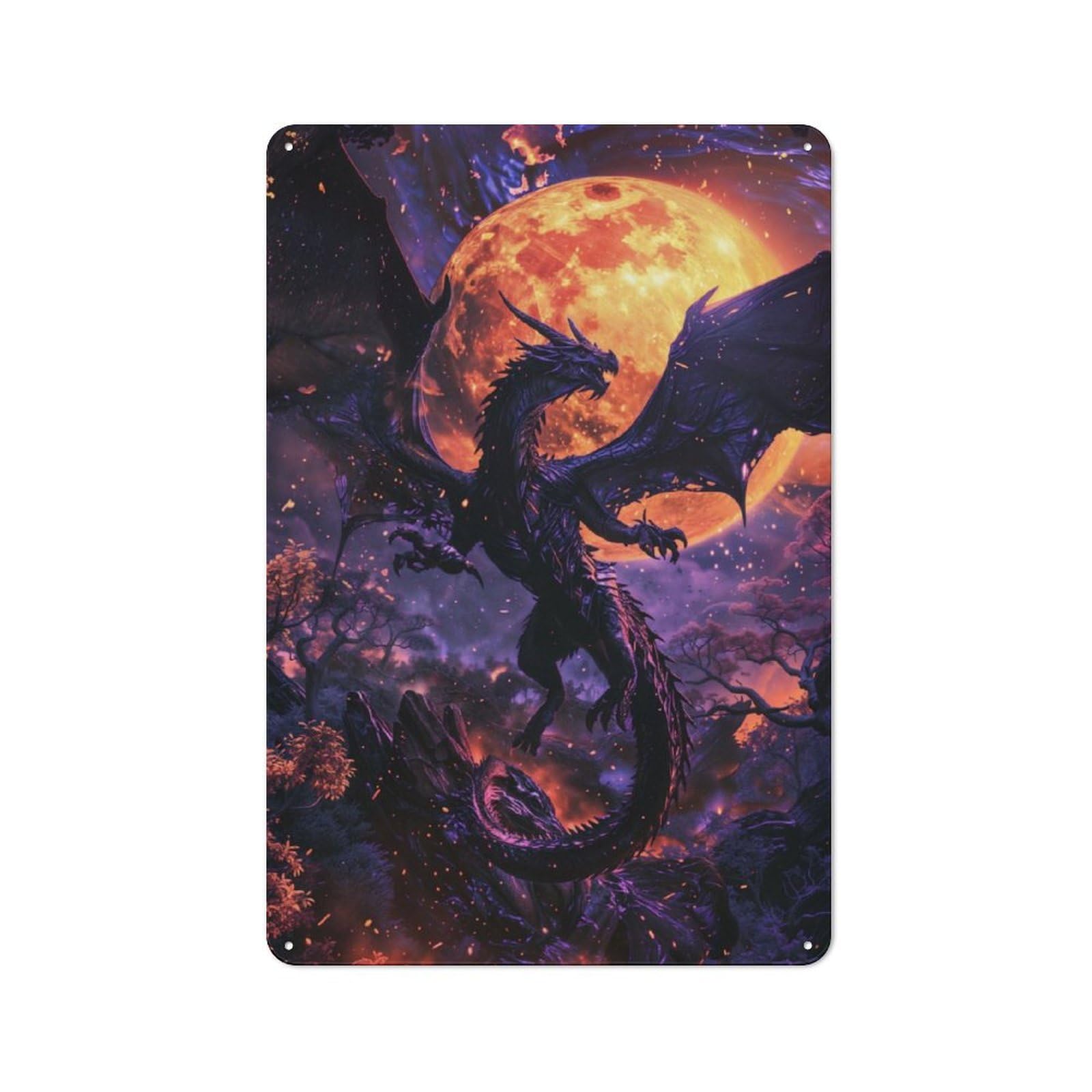 Junmoney Purple Dragon Full Moon Rustic Metal Sign 30X20cm Featuring For Living Room Wall, For Vintage Wall Decor Fans, For Metal Sign Collectors