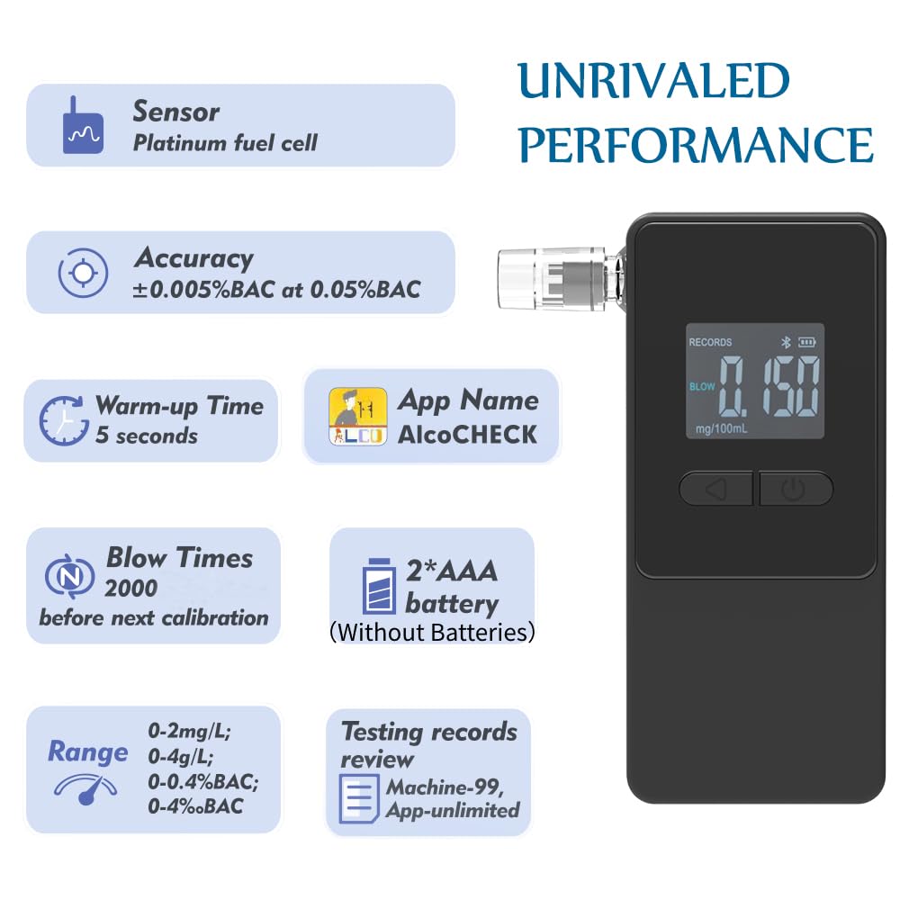 Alcootest et testeur d'alcool avec 5 Embouchures Haute Précision Alcootest Home Pro Breathalyser (Noir)