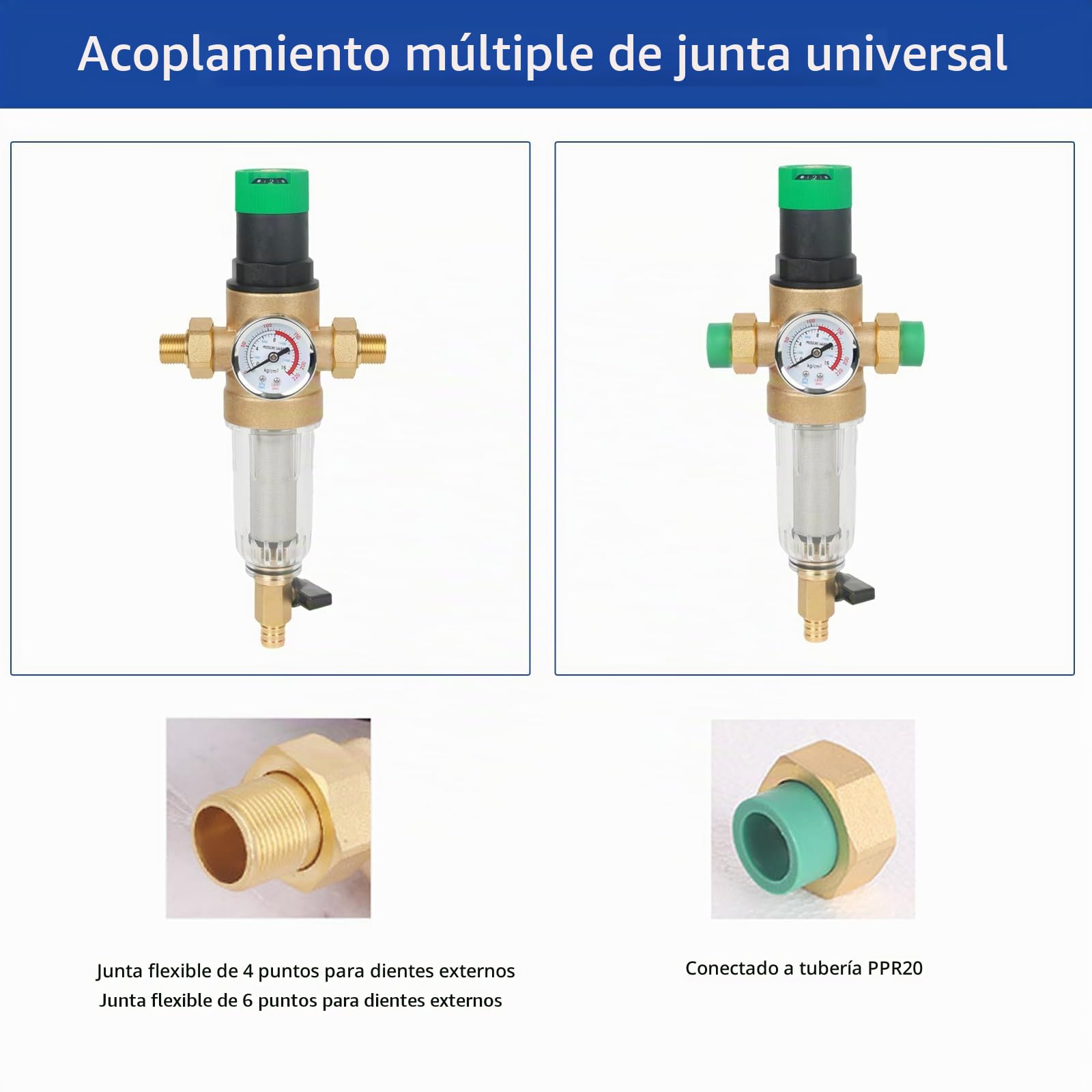 Filtro de retrolavado y reducción de presión con manómetro, reductor de agua, prefiltro de sedimentos, filtro enjuagable fino para sedimentos spin down (1''
