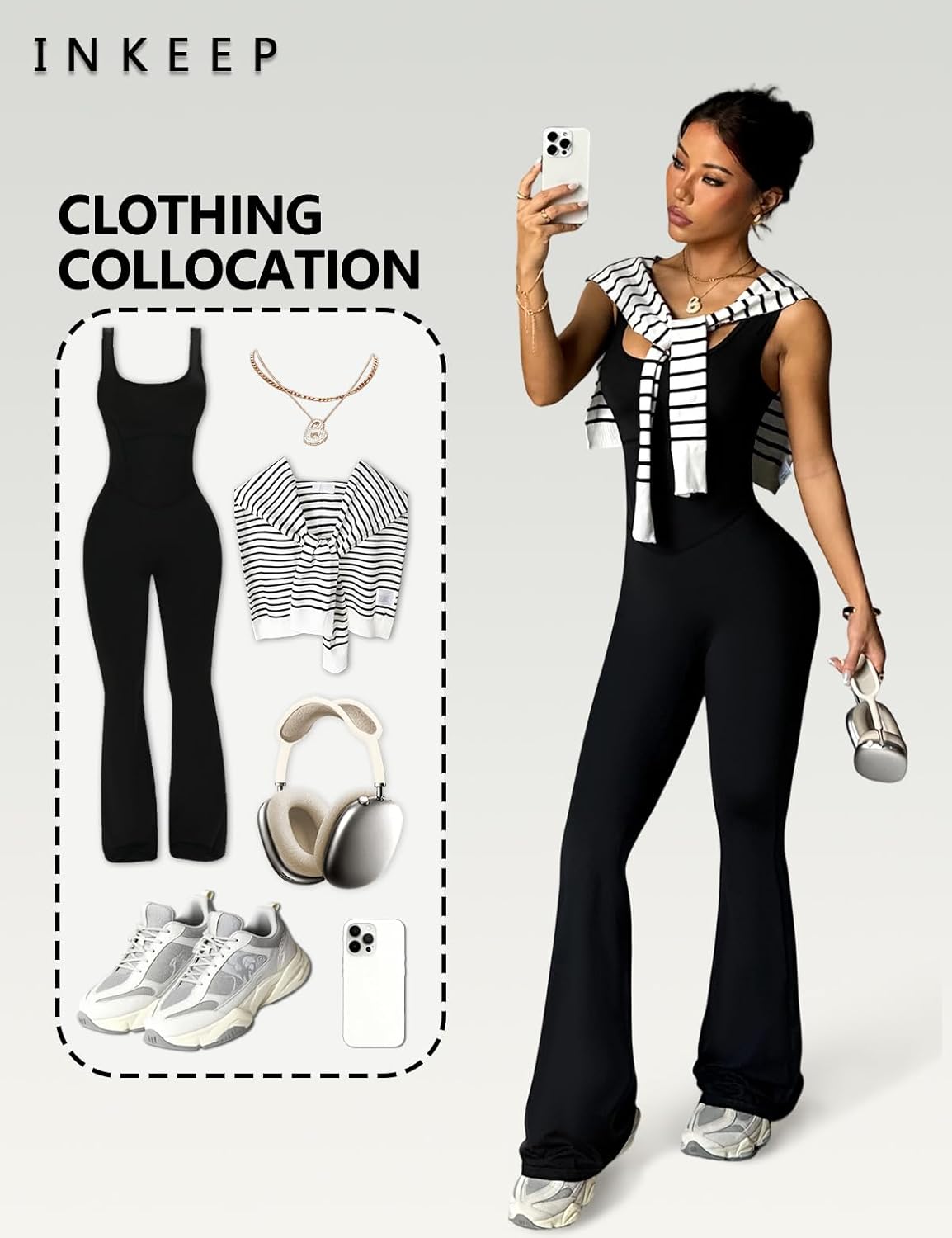 Womens Flare Jumpsuit Low-cut Square Neckline One Piece Rompers Workout Outfit Sleeveless Jumpsuits - Image 3