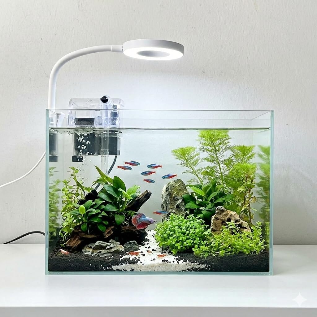 Nano Aquarium Kit 2.2 Gallon, Rimless Glass Betta Fish Tank with Filter & LED Light, 12" x 6" x 8" Small Desktop Fish Tank for Home Office (Transparent, Complete)
