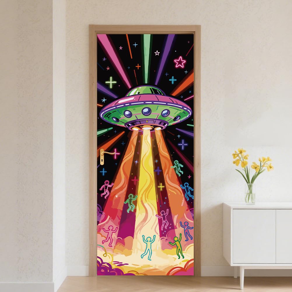 CRAFTYMELODY Door Sticker Peel Stick Removable Self Adhesive Door Mural Decal Vinyl PVC Waterproof Door Cover Wallpaper for Home Office Shop Decoration 31.48×78.74 Inch Graffiti UFO