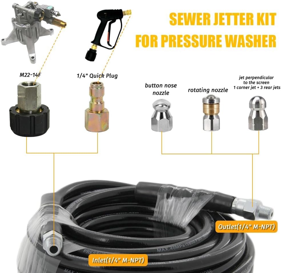 Sewer Jetter Kit for Pressure Washer-100 ft Jetter Hose, Drain Cleaning Hose,1/4 Inch NPT, Corner, Rotating and Button Nose Sewer Jetting Nozzle, 5800 PSI