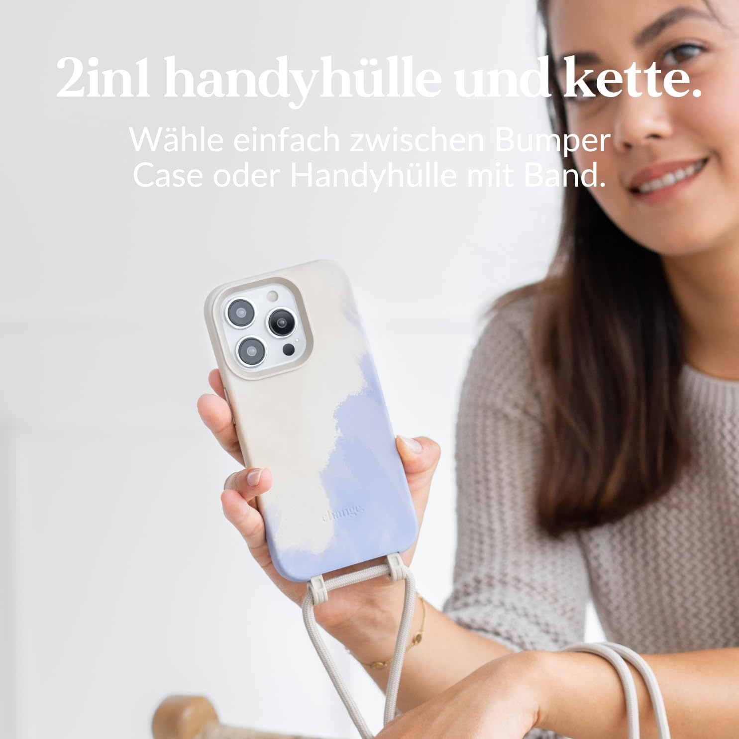 Woodcessories - Change Case, Nachhaltige Handykette abnehmbar kompatibel mit iPhone 16 Pro Hülle mit Band beige blau - biologisch abbaubar