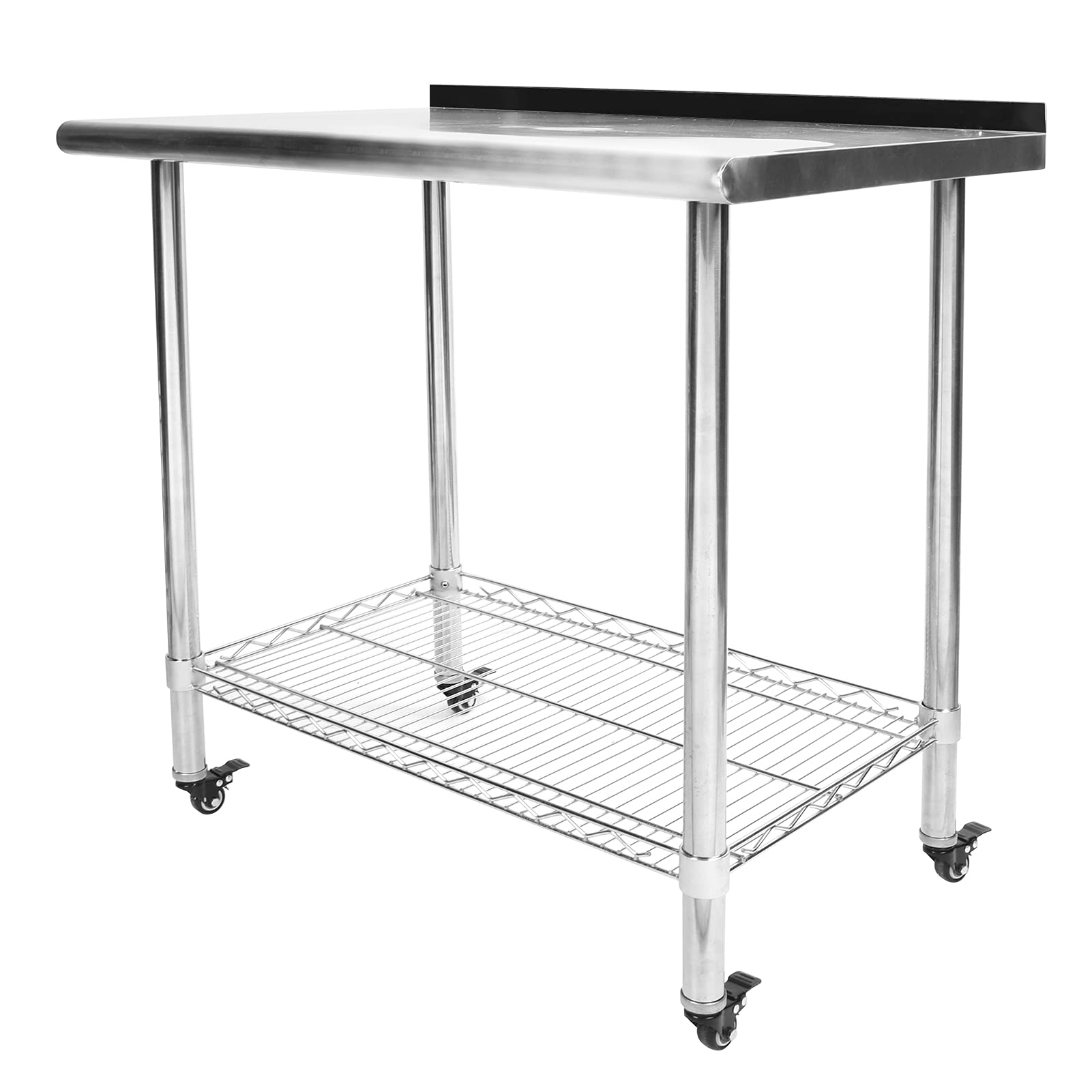 Wakects Mesa de Trabajo de Acero Inoxidable con 2 Niveles, con Frenos de Ruedas, Mesa de Cocina Gastronómica de Almacenamiento
