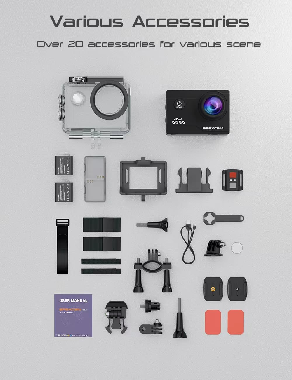 Apexcam 4K Action cam 20MP WiFi Sports Kamera Ultra HD Unterwasserkamera 40M 170 Weitwinkel 2,4G Fernbedienung Zeitraffer 2x1050mAh Akkus 2,0 LCD Bildschirm und andere
