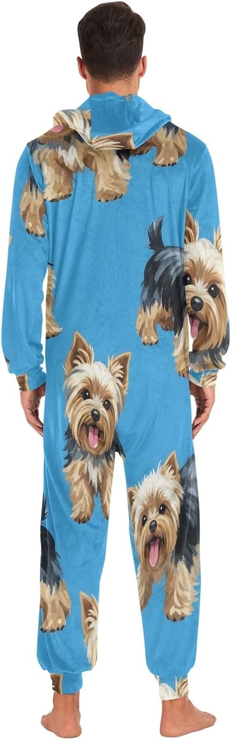 Cute Dogs Blue Adult Onesie Pajamas, Hooded Zipper One Piece Loungewear for Men Women Christmas Sleepwear