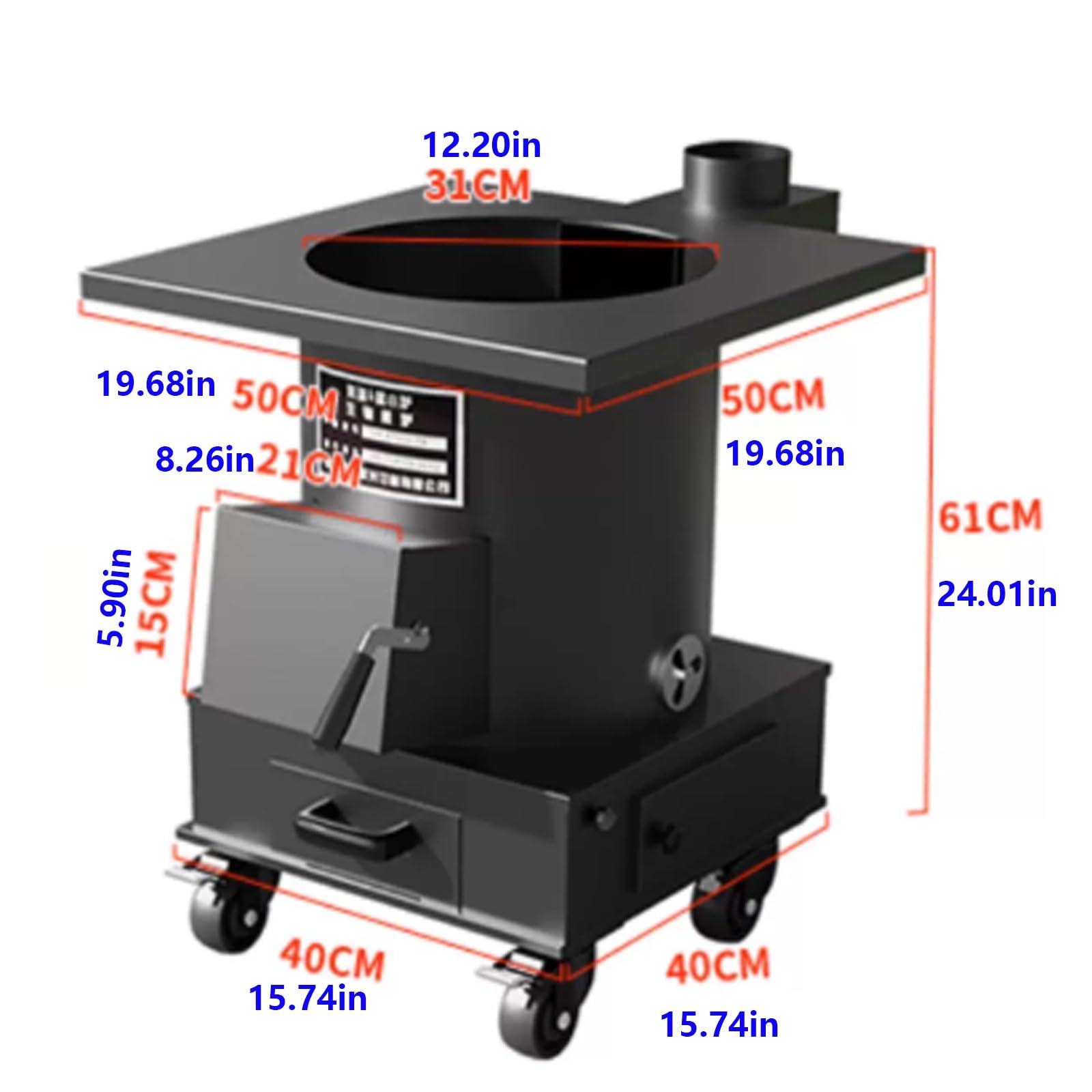 Stufa A Legna A Gasificazione In Ghisa 10MM Con Canna Fumaria Da 200 Cm E Ruote Bloccabili Per Riscaldamento E Cucina Domestica, Carico 250kg(50 * 50 * 61cm)