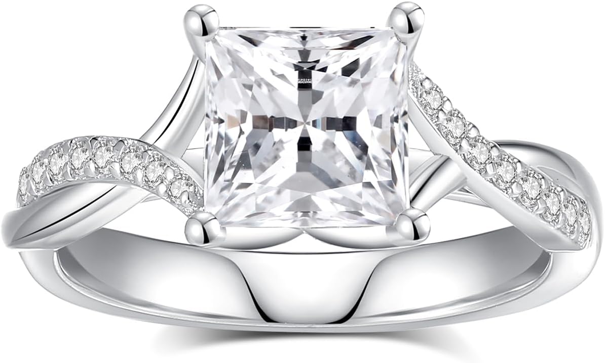 Moissanite Engagement Rings for Women,D Color VVS1 Princess Cut Moissanite Ring 925 Sterling Silver Plated 18K White Gold Wedding Ring