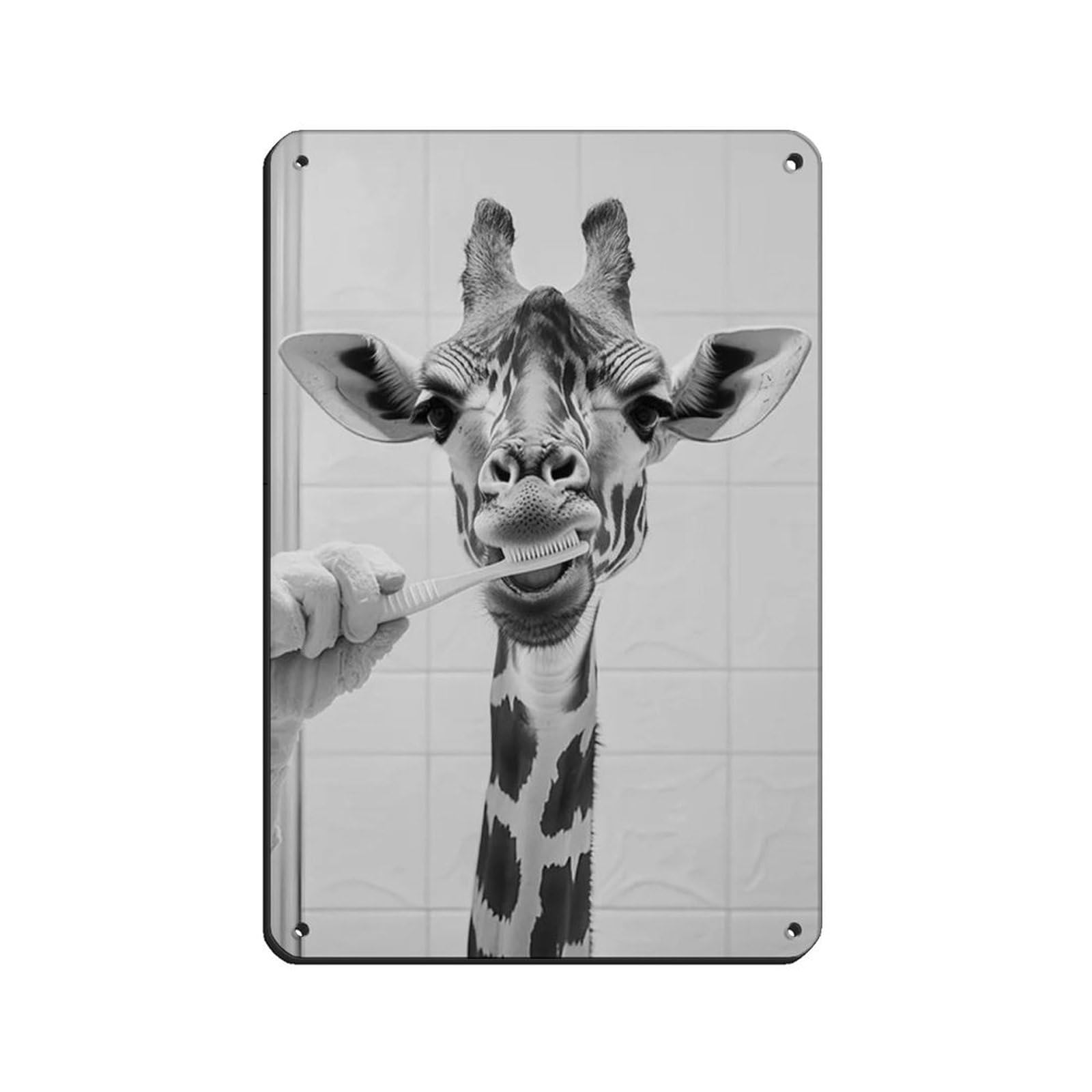 Giraffe Brushing Teeth, Funny Bathroom Art Retro Poster Metal Tin Sign Chic Art Retro Iron Painting Bar People Cave Cafe Family Garage Poster Wall Decoration 8x12inch(20x30cm)