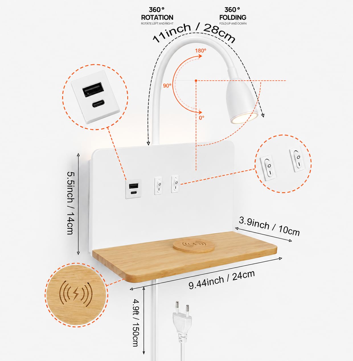 Weiß LED Bett Wandleuchte mit 15W Wireless Charger, USB-C & USB-A Anschluss | 3 Farbtemperaturen LED Leselampe mit Flexibler 360° Schwanenhals, Wandlampe Schlafzimmer mit Ablage, Stecker 1,5m Kabel