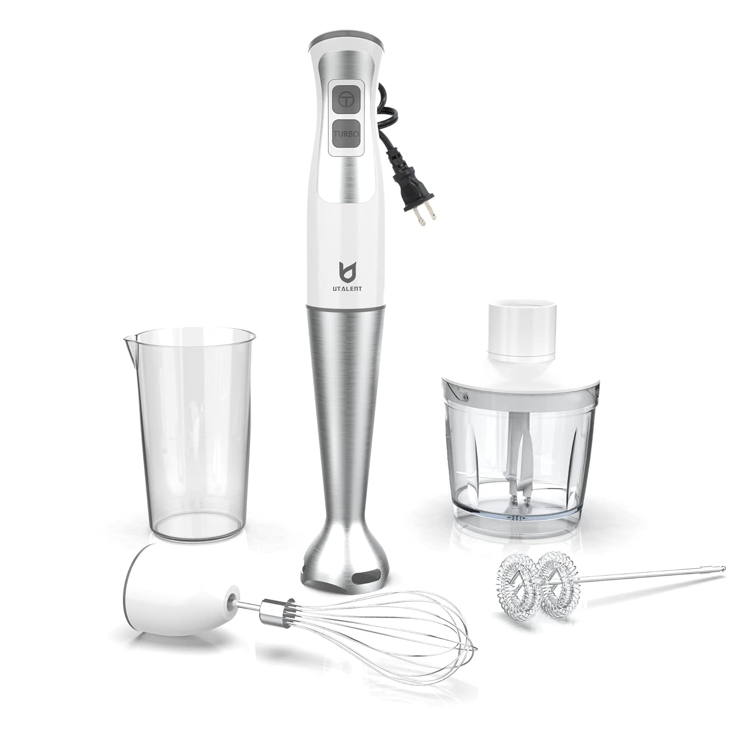 Immersion Hand Blender, UTALENT 5-in-1 8-Speed Immersion Blender with 500ml Food Grinder, 600ml Container,Milk Frother,Egg Whisk,Puree Infant Food, Smoothies, Sauces and Soups - White image 1