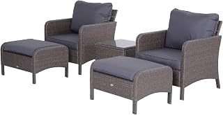 Outsunny 5 Pieces PE Rattan Garden Furniture Set with 10cm Thick Padded Cushions, Wicker Weave Outdoor Seating Chairs with 2 Armchairs, 2 Stools, Glass Top Table, Dark Grey