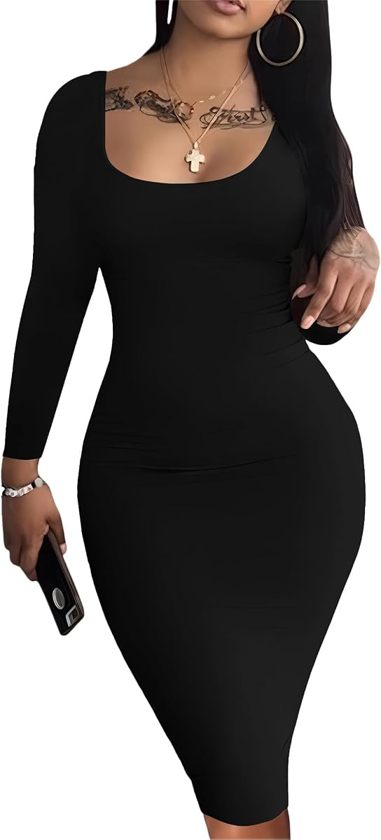 Womens Autumn Casual Sexy Long Sleeves Bodycon Dress Basic Pencil Midi Club Dresses