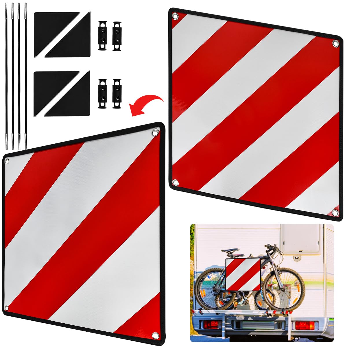 Aluminium Warning Sign for Italy/Spain, 2 in 1 Rear Warning Sign for Bike Carrier, Reflective Warning Sign Red White for Rear Carrier, Bicycle Carrier, Motorhome, Caravan - 50 x 50cm