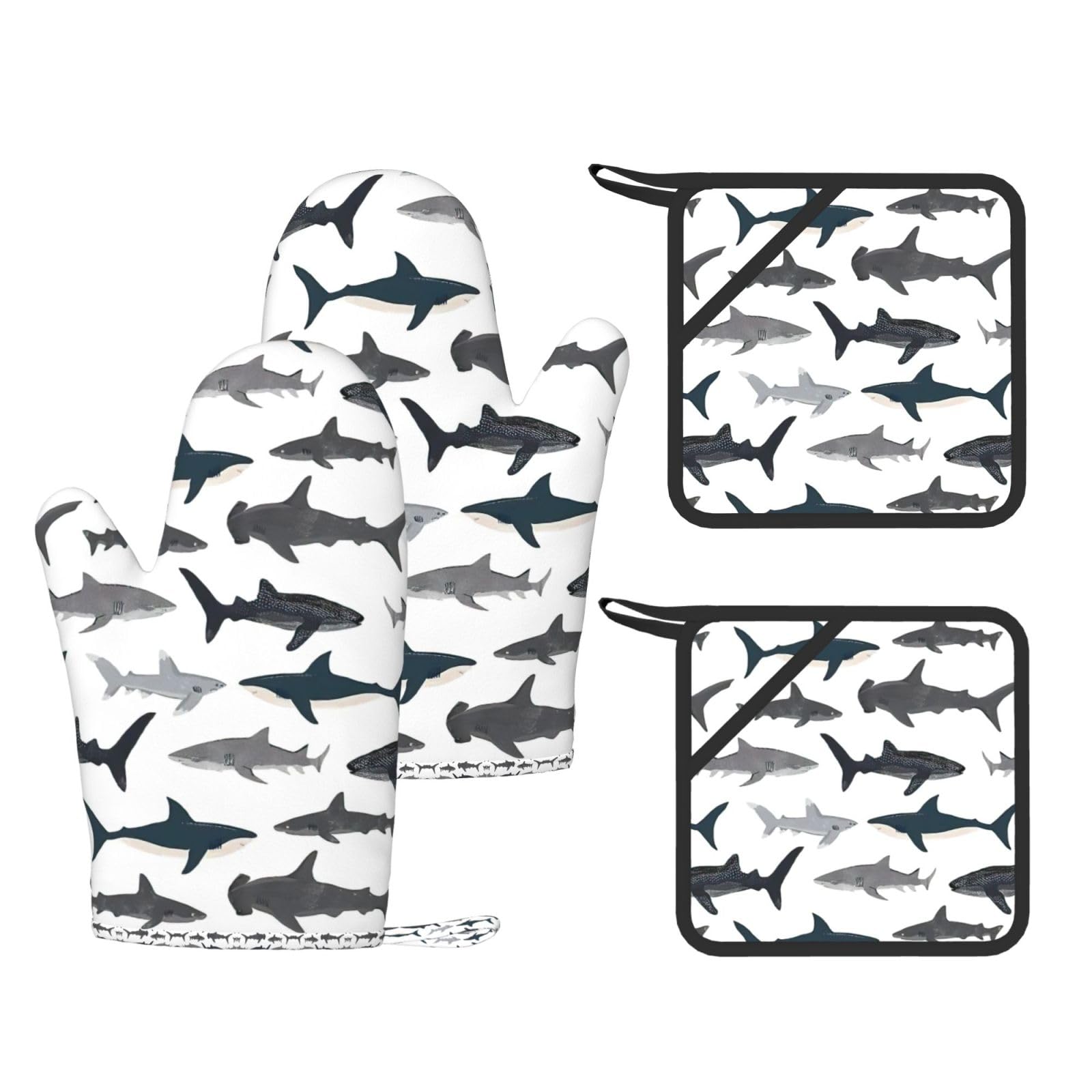 fish and shark Printed Pot Holders and Oven Mitts 4-Piece, Non-Slip Kitchen Gloves with Utensil Pocket for BBQ